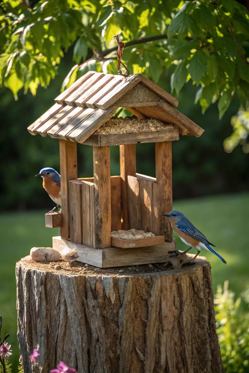 Invite nature's symphony to your backyard with a handcrafted bird feeder on a tree stump, where artistry meets the wild.
