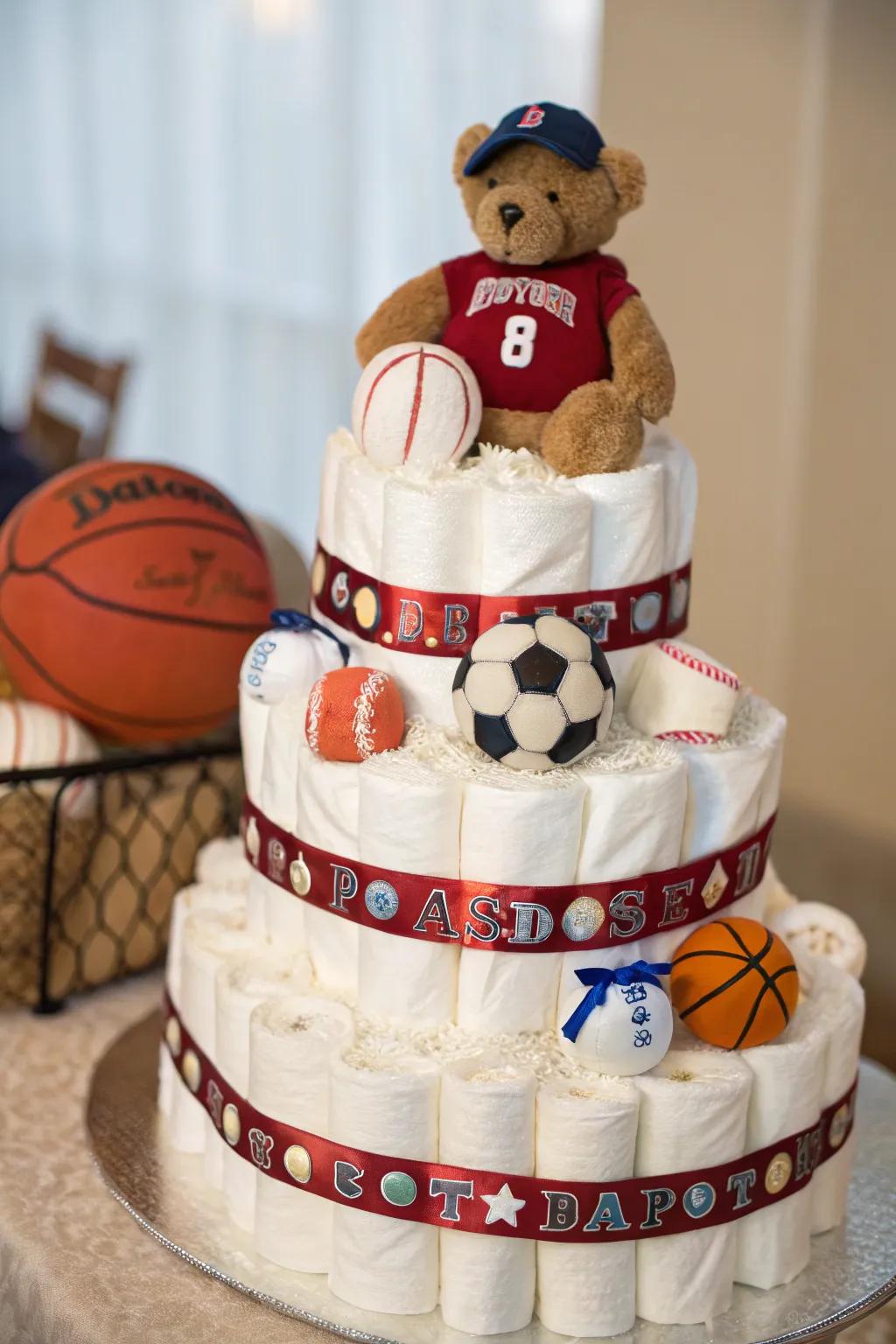 Score remarkably through this charming sports-themed diaper cake for the small MVP!