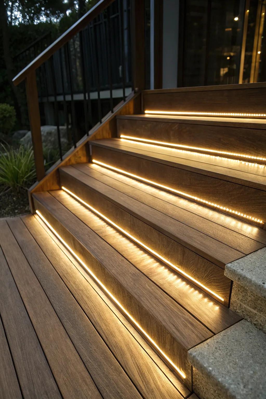 Step into style and safety with illuminated deck steps that marry craftsmanship with modern design.