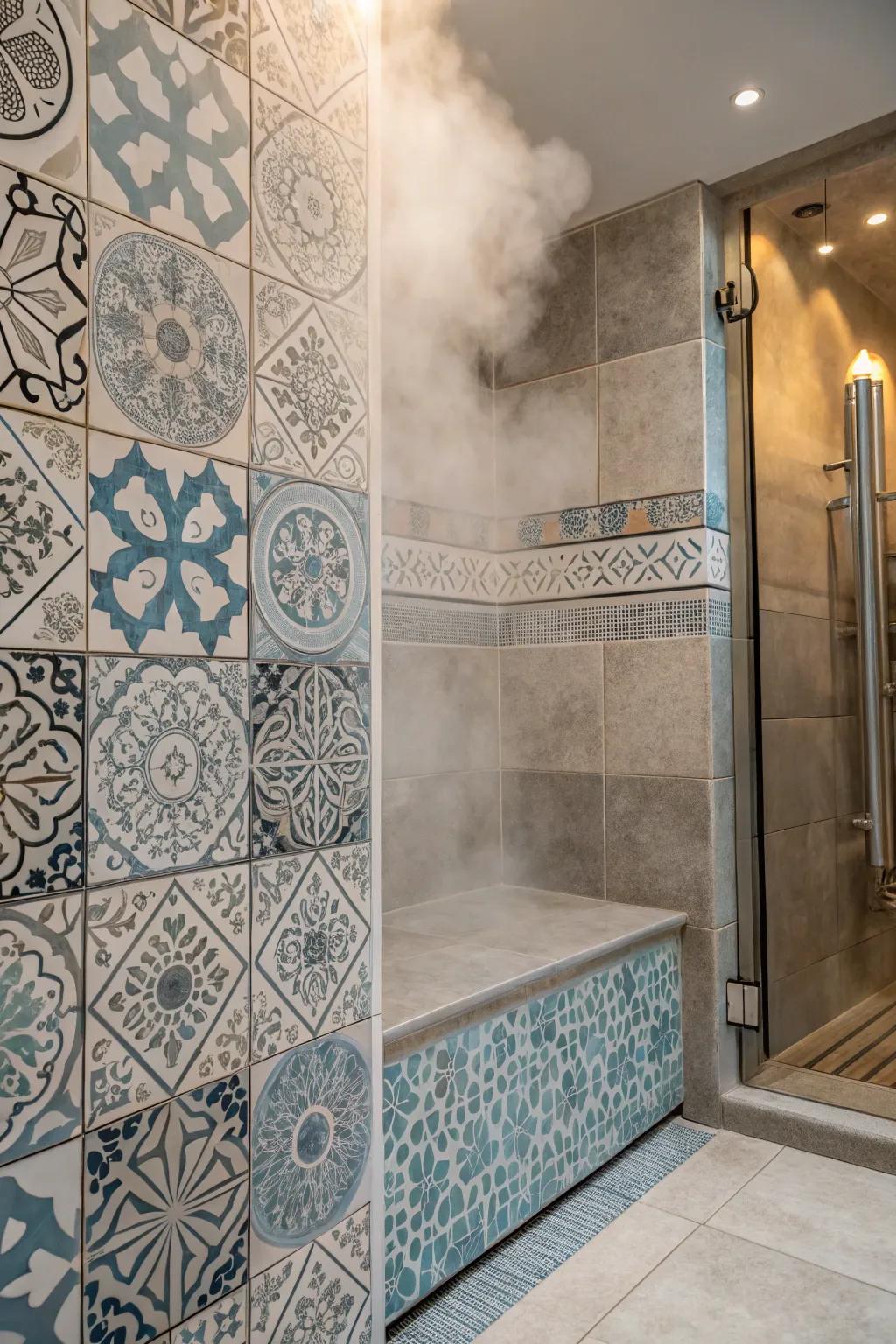 Creative tile designs bring artistic flair and depth to your steam shower.