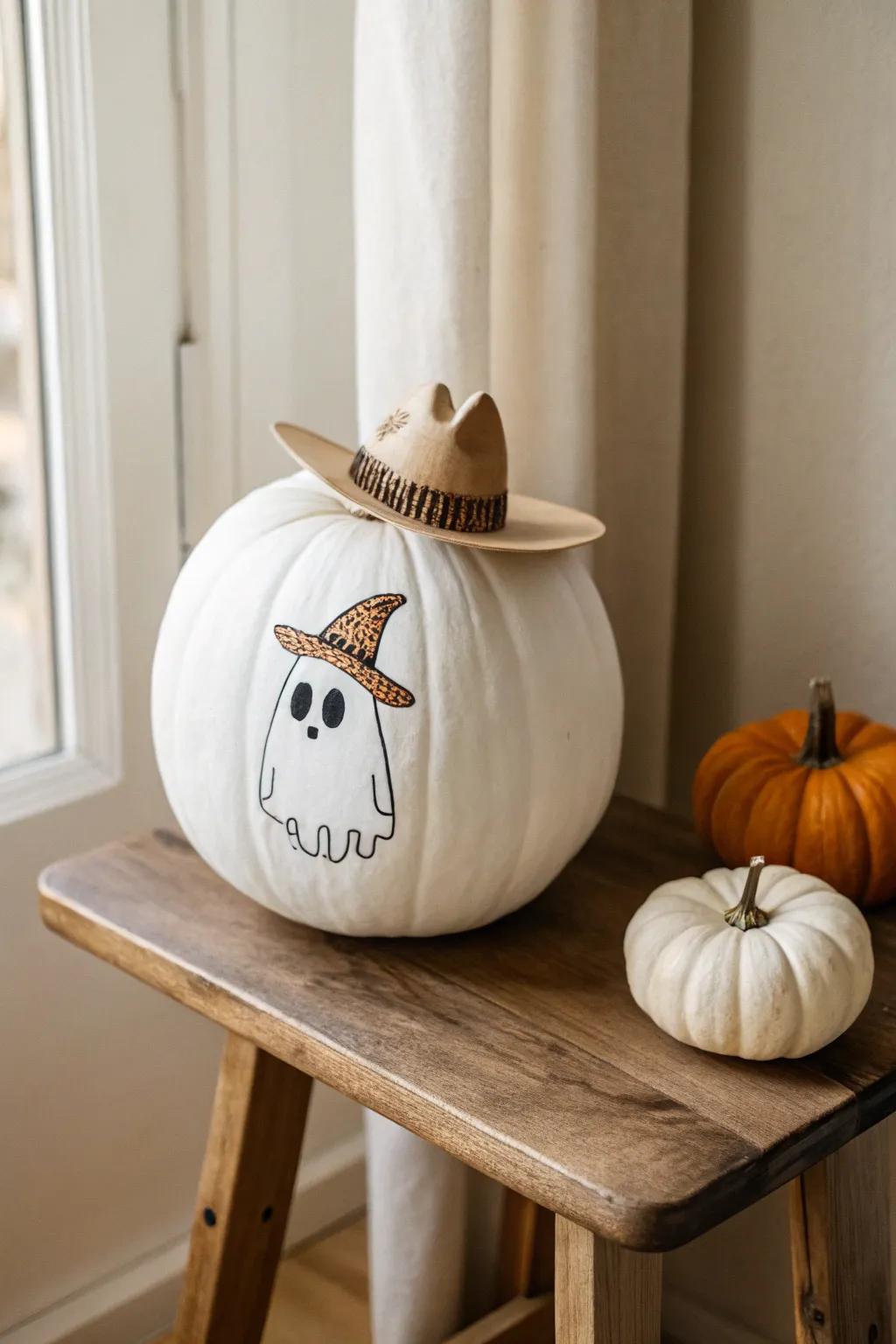 Spooky meets Western charm: A ghostly pumpkin with a countryside twist.