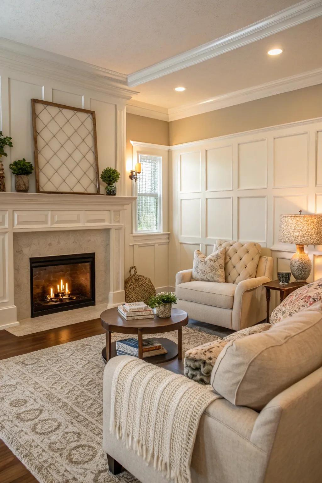 Inviting elegance featuring beige and white tones.