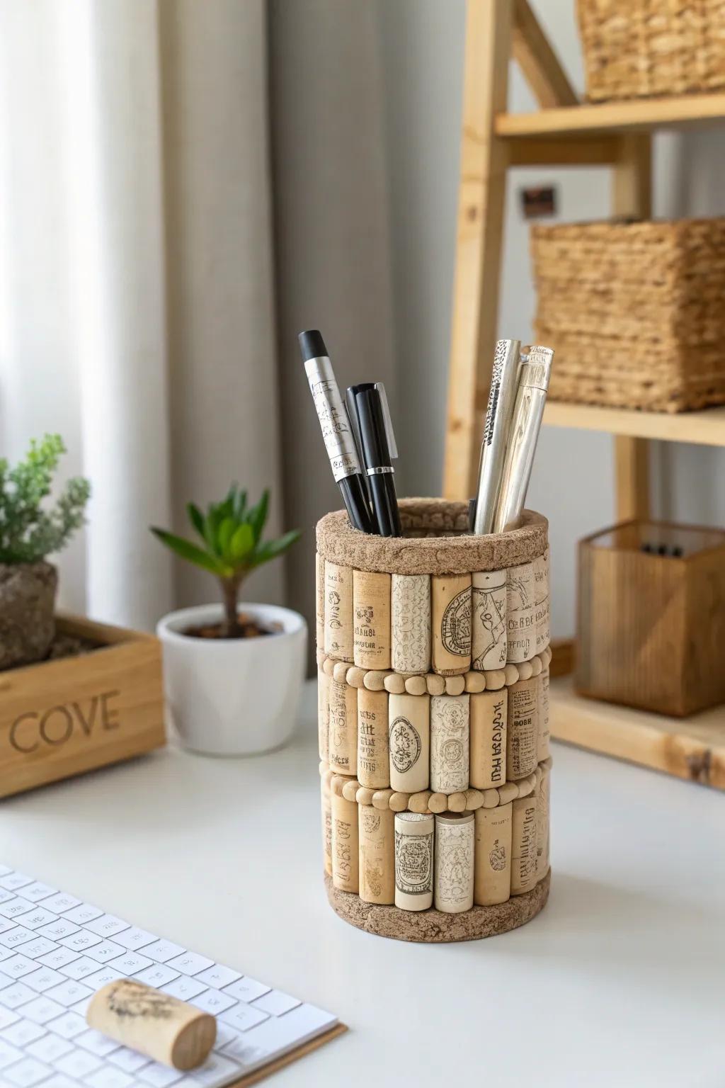 Elevate your workspace with this eco-friendly cork pen container, where simplicity meets natural beauty.