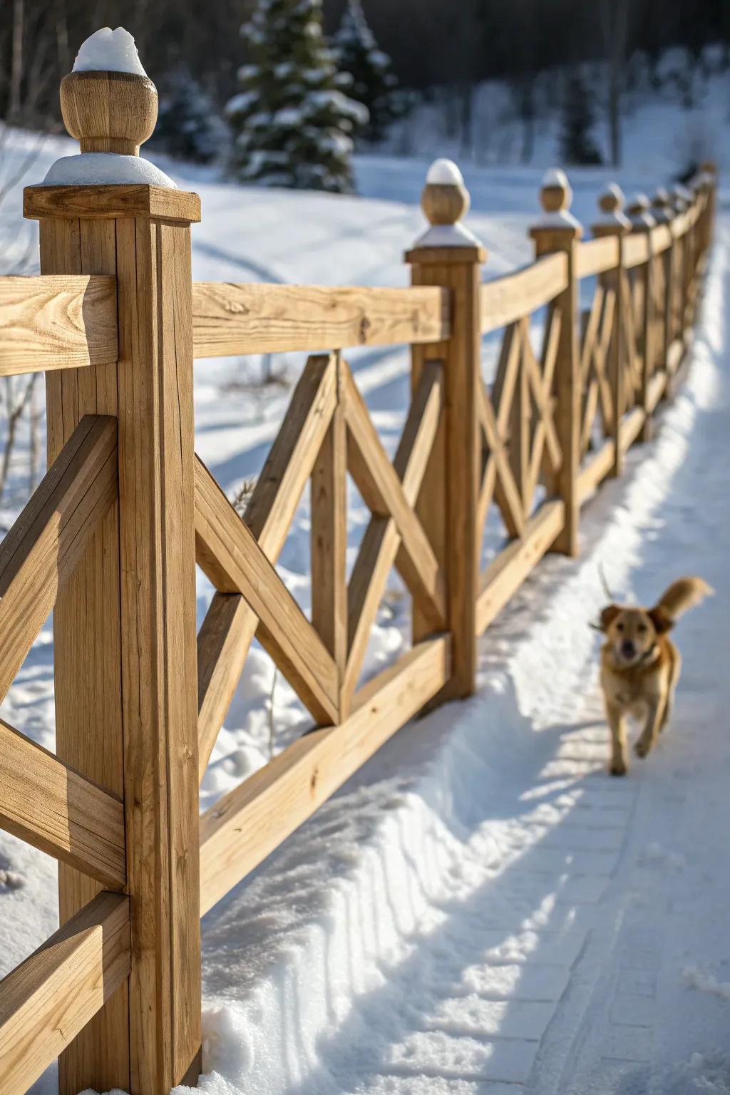 Artistry meets playtime: A beautifully crafted timber snow enclosure creates the perfect animal-safe area for winter adventures.