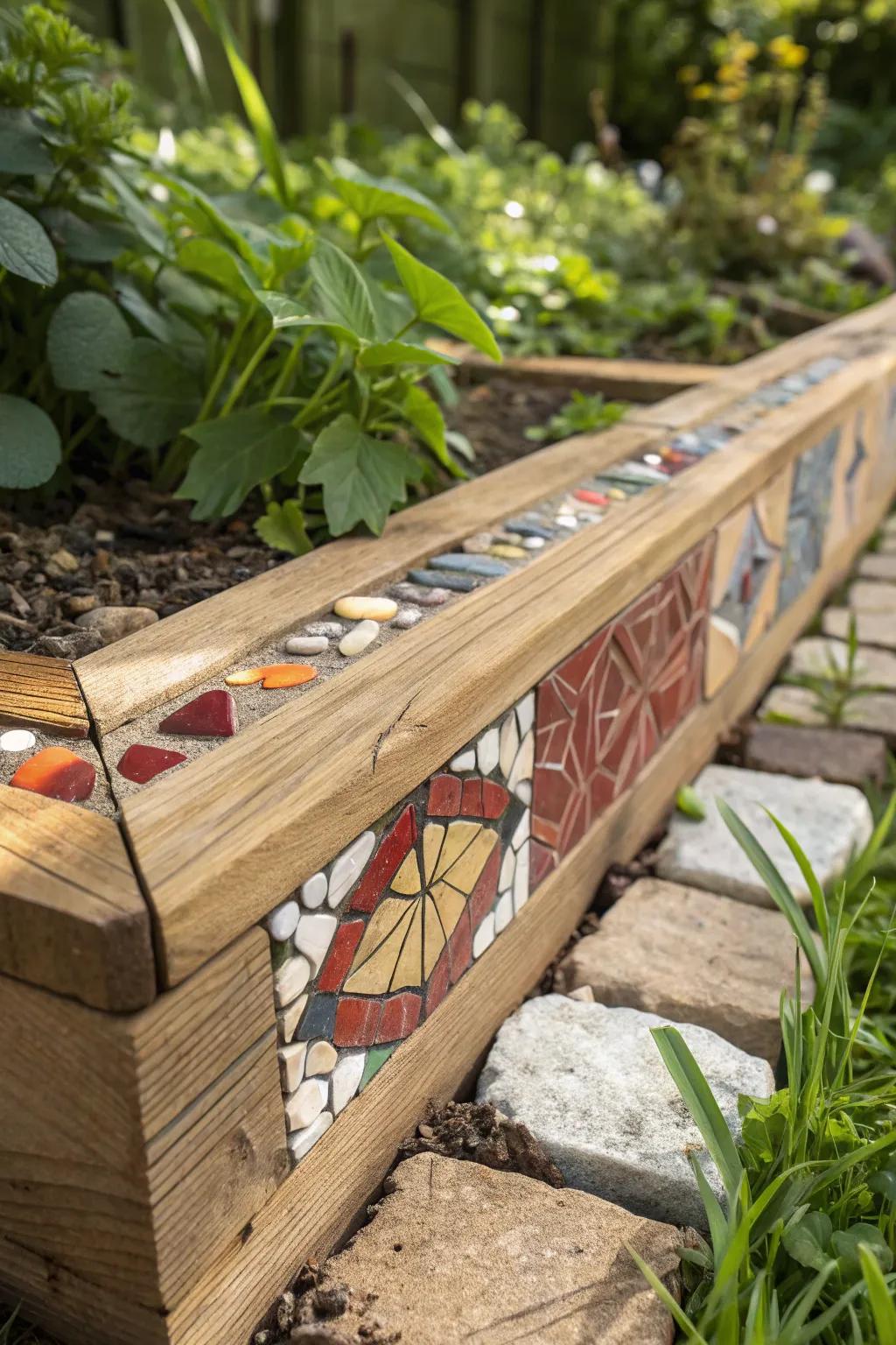 Transform your garden through an artistic touch: mosaic-integrated wood edging, resulting in a breathtaking outdoor aesthetic.