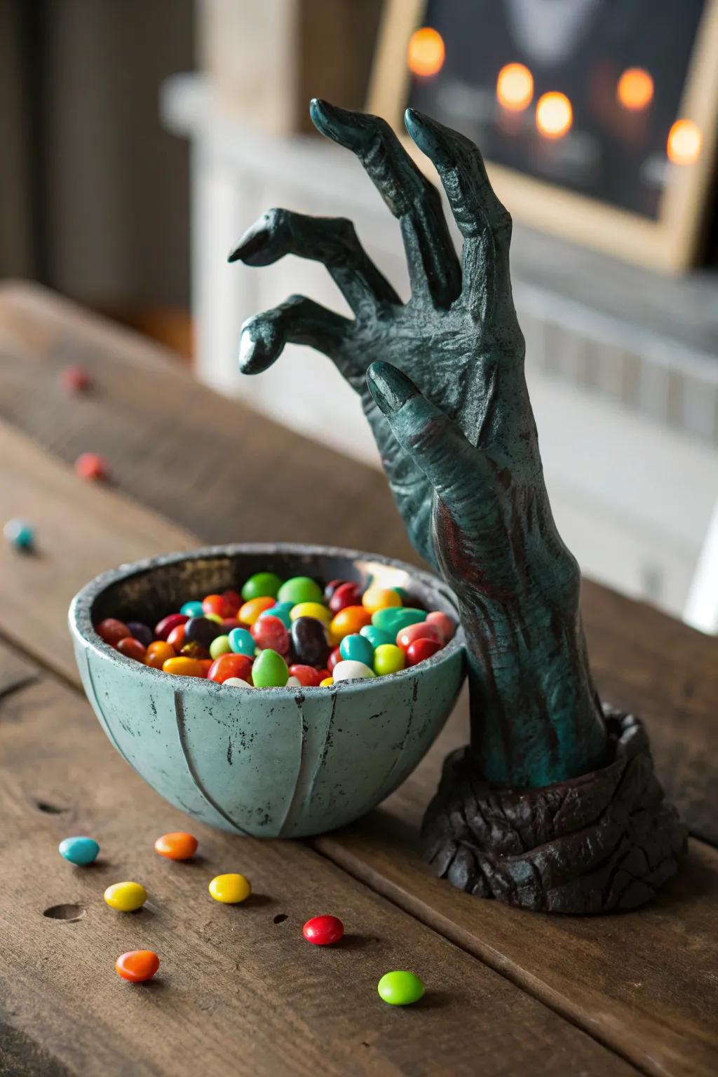 Elevate your Halloween décor through this artisanal zombie appendage confection dispenser, a flawless amalgamation of spooky and artisanal craftsmanship.