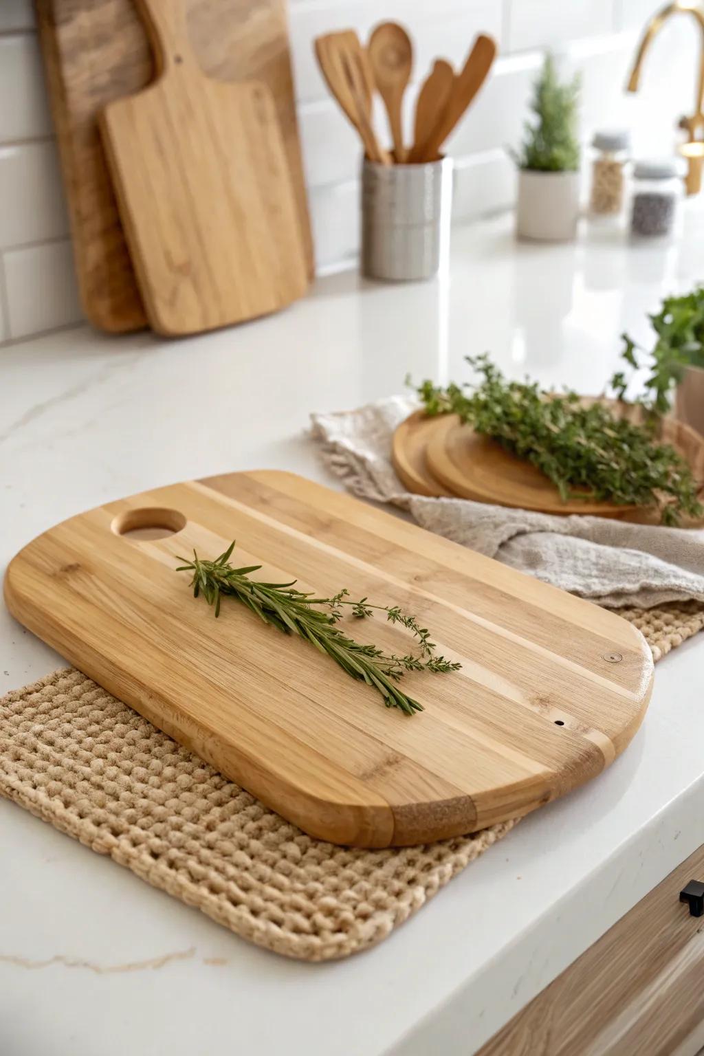 Elevate your kitchen with eco-friendly elegance: A minimalist wooden cutting board that marries style with sustainability.
