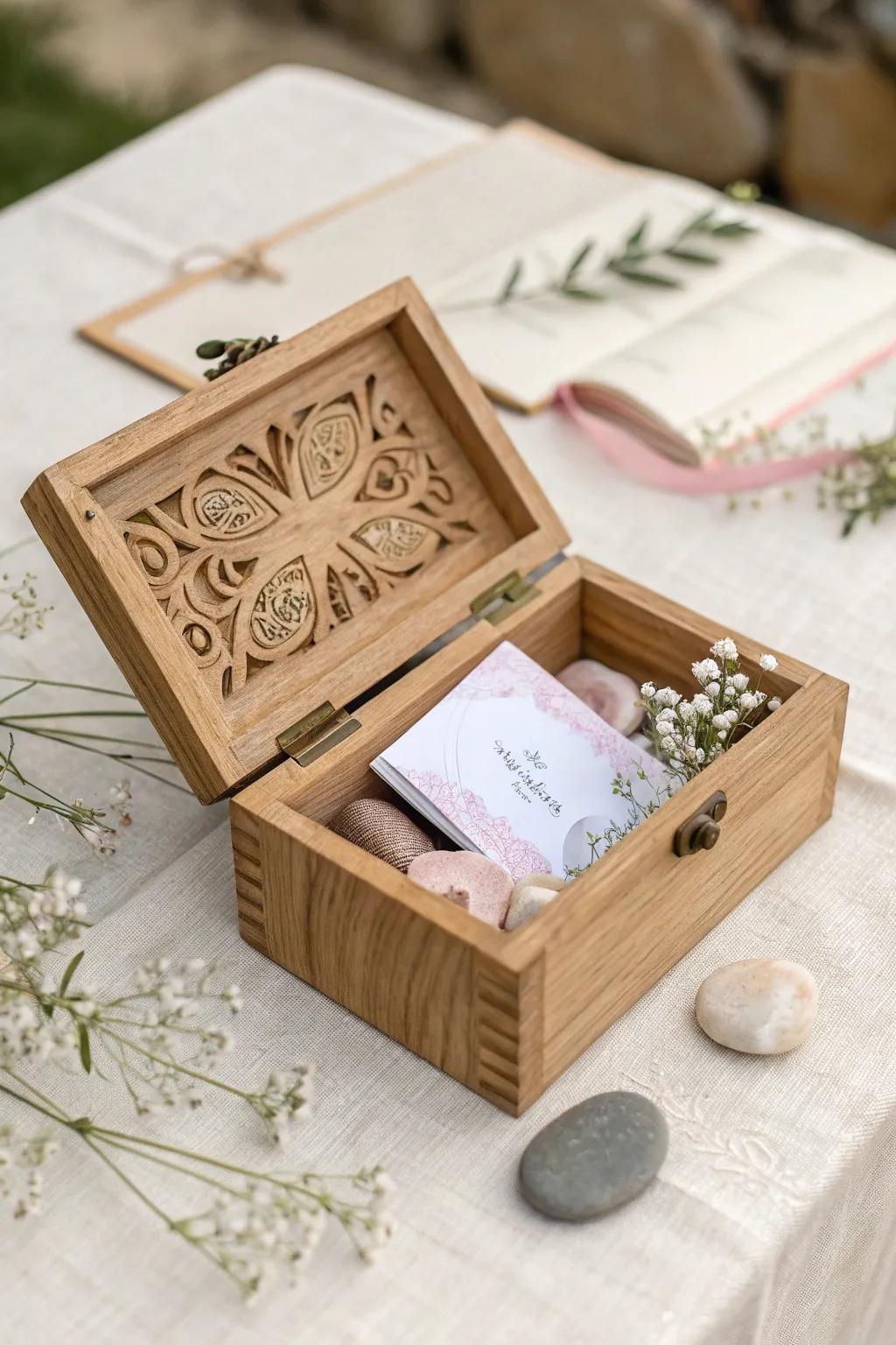 Archive the memories of your baby shower through a handcrafted keepsake box. A nuance of sophistication and simplicity appropriate for your momentous occasion.