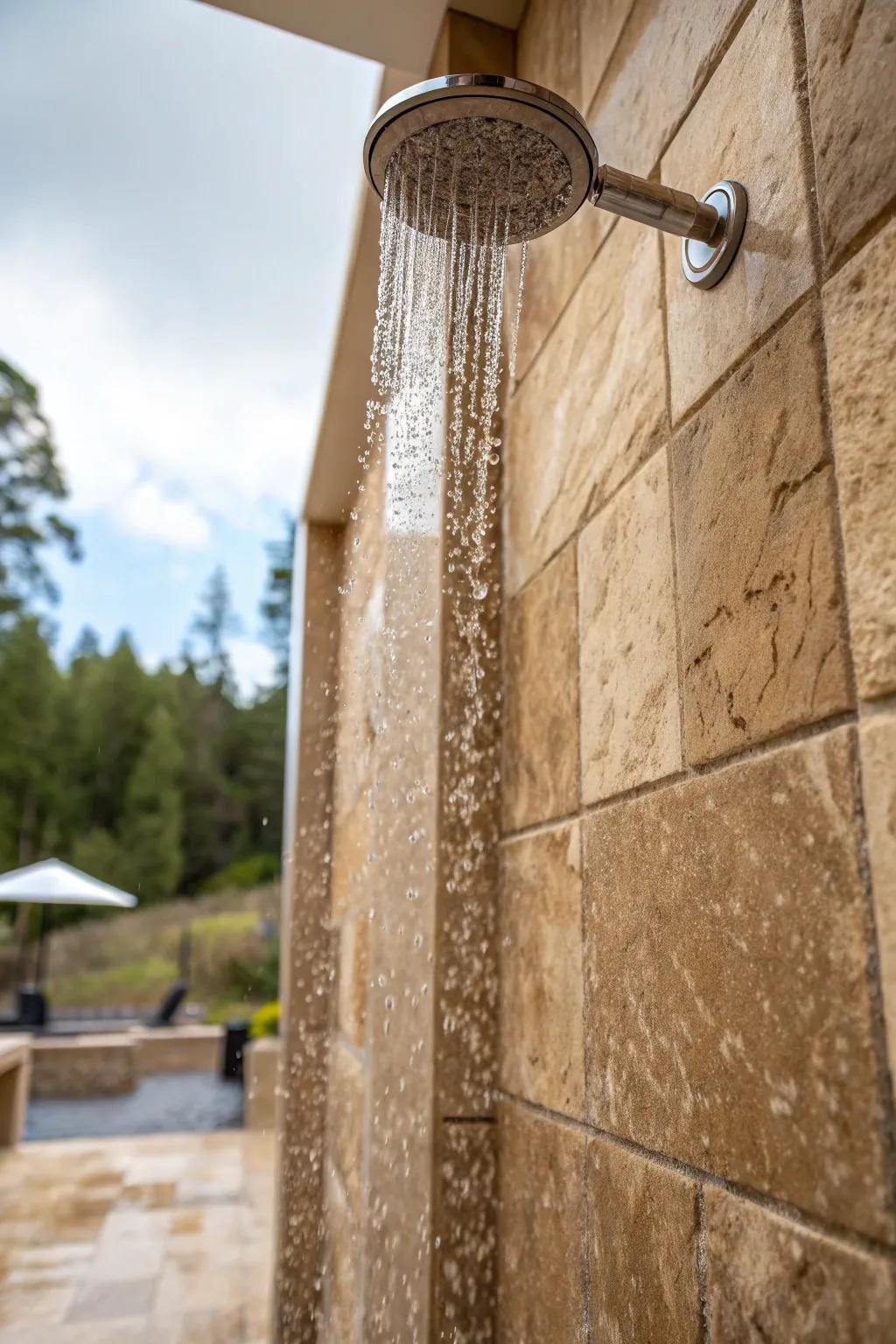 Travertine tiling proffers timeless elegance to chocolate tile showers.