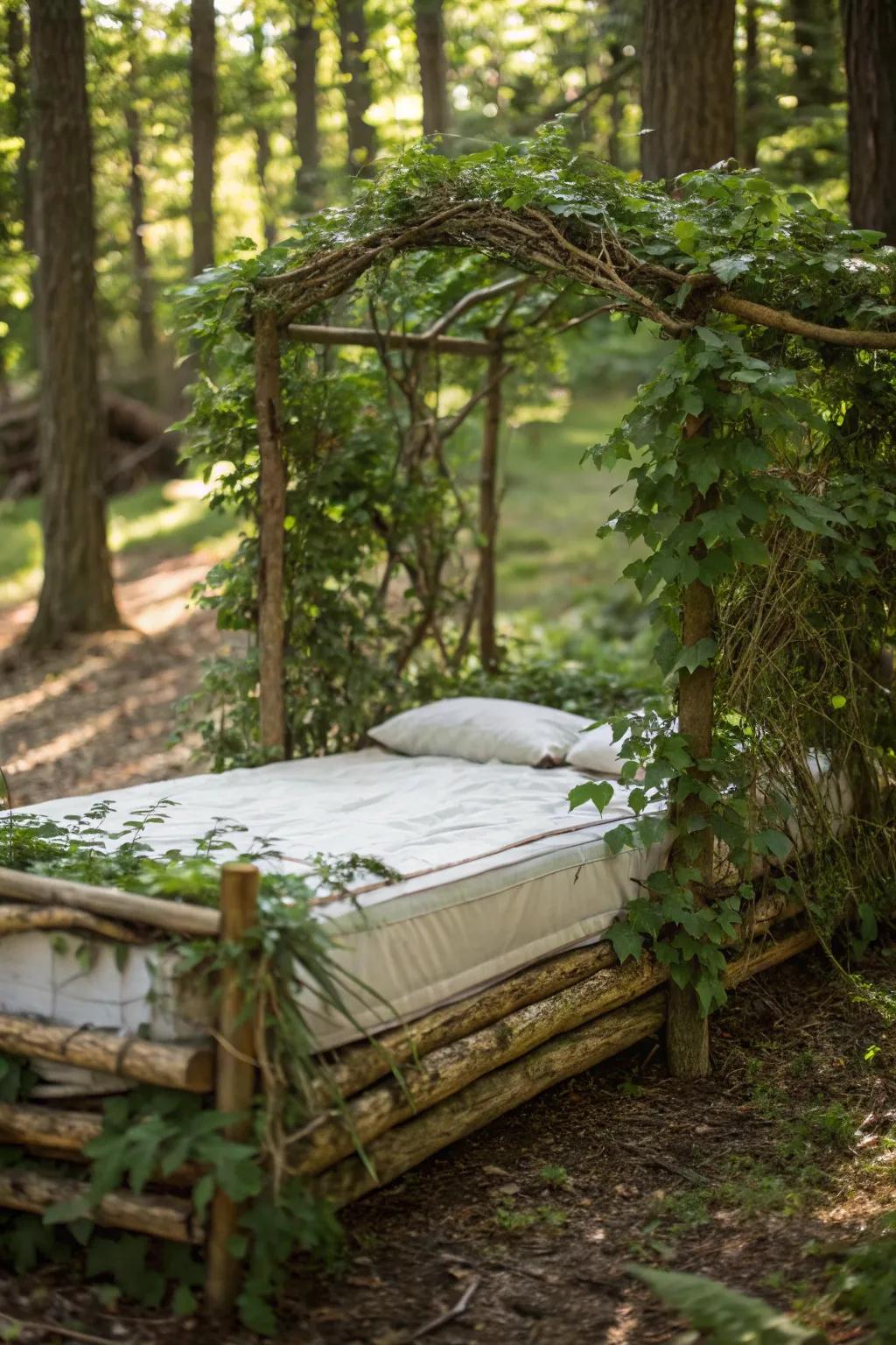 Experience the knack for off-grid living through a handcrafted limb bed, where nature meets comfort.