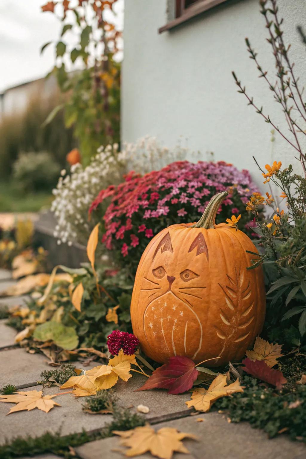Embrace the autumn charm with a feline pumpkin centerpiece that conveys warmth and whimsy to your garden.