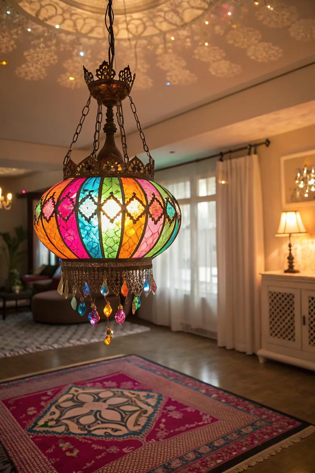 A vibrant room showcases a colored glass chandelier adding a playful touch.