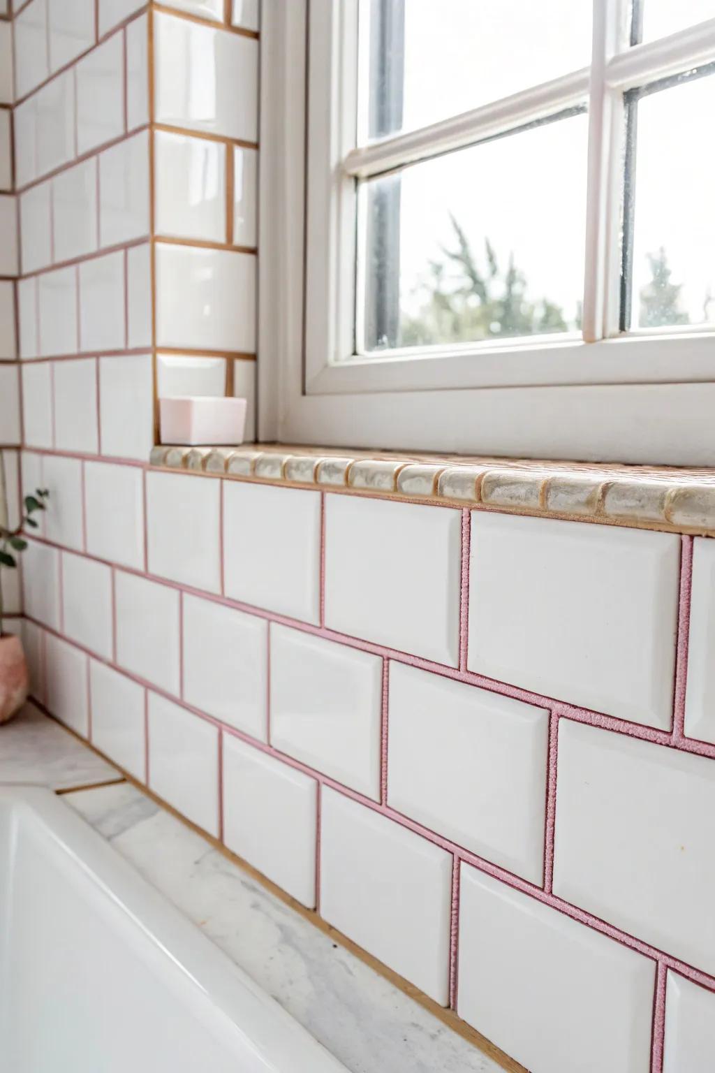 Elevate your bathroom style with a pop of color using pastel pink grout for a chic and minimalist look!
