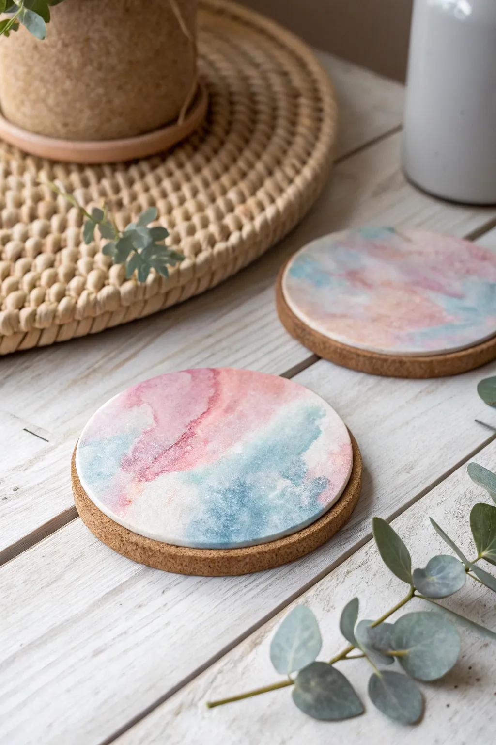 Enhance your tabletop with the tranquil charm of watercolor clay coasters.
