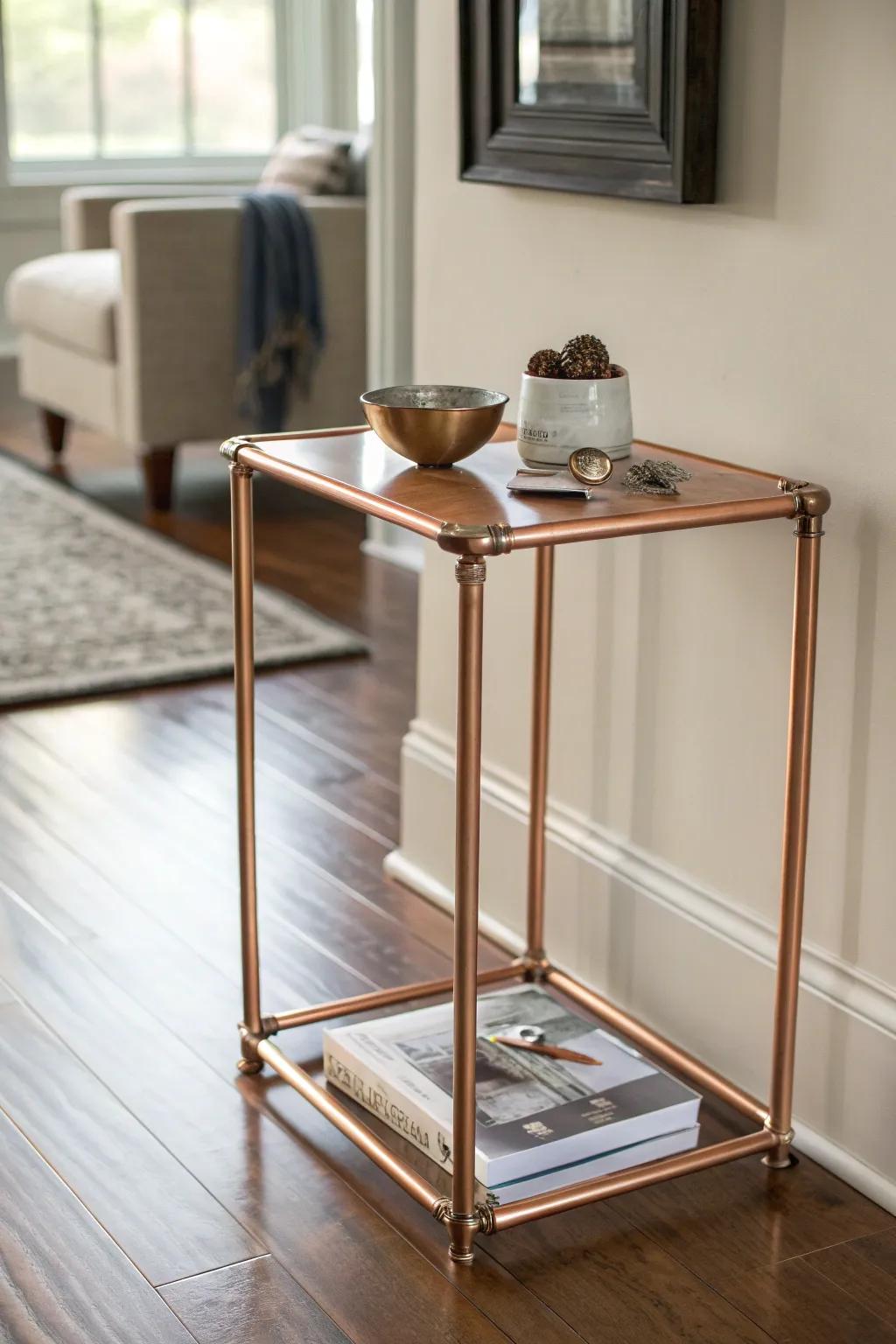 Enhance your entryway with the eternal beauty of a copper pipe highlight table.