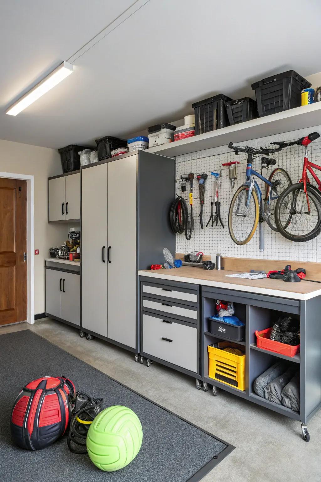 A customized motor bay area featuring ample stowage and work areas.