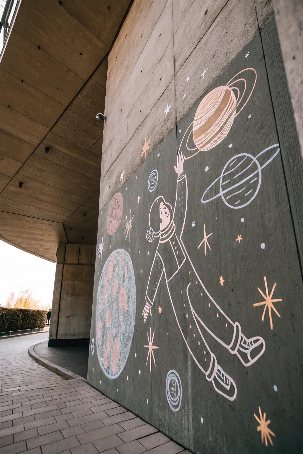 Explore the cosmos with simplicity and grace—chalk your way into a dreamy space escapade.
