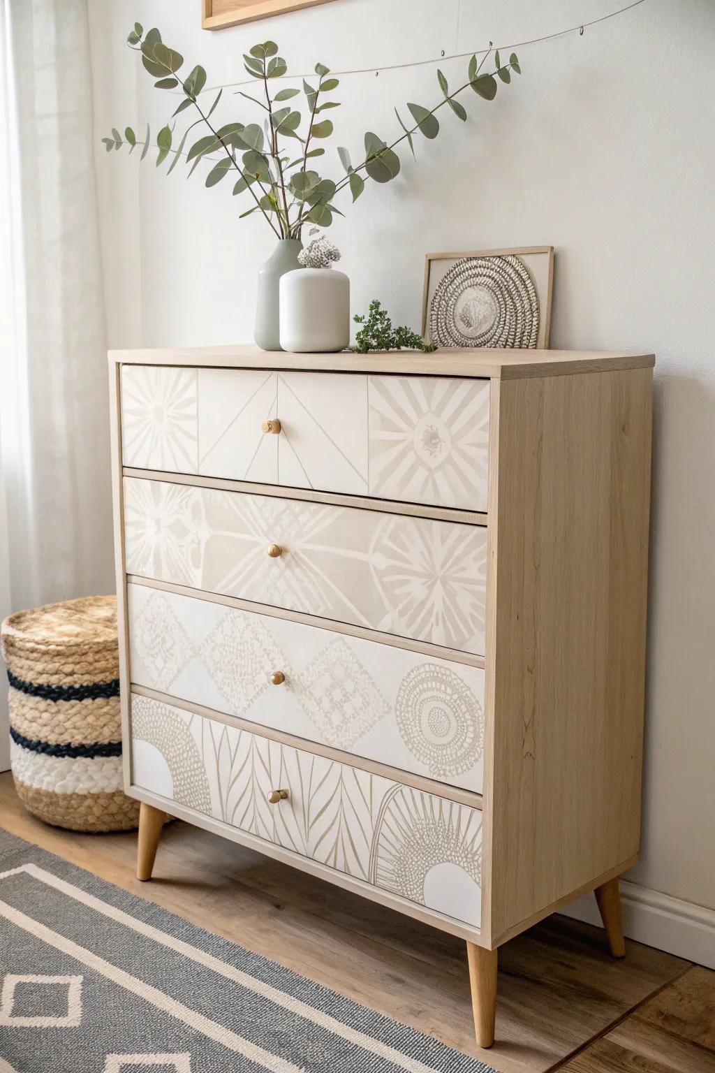 Embrace the elegance of simplicity with this minimalist decoupage dresser, a perfect blend of Scandinavian and Boho charm.