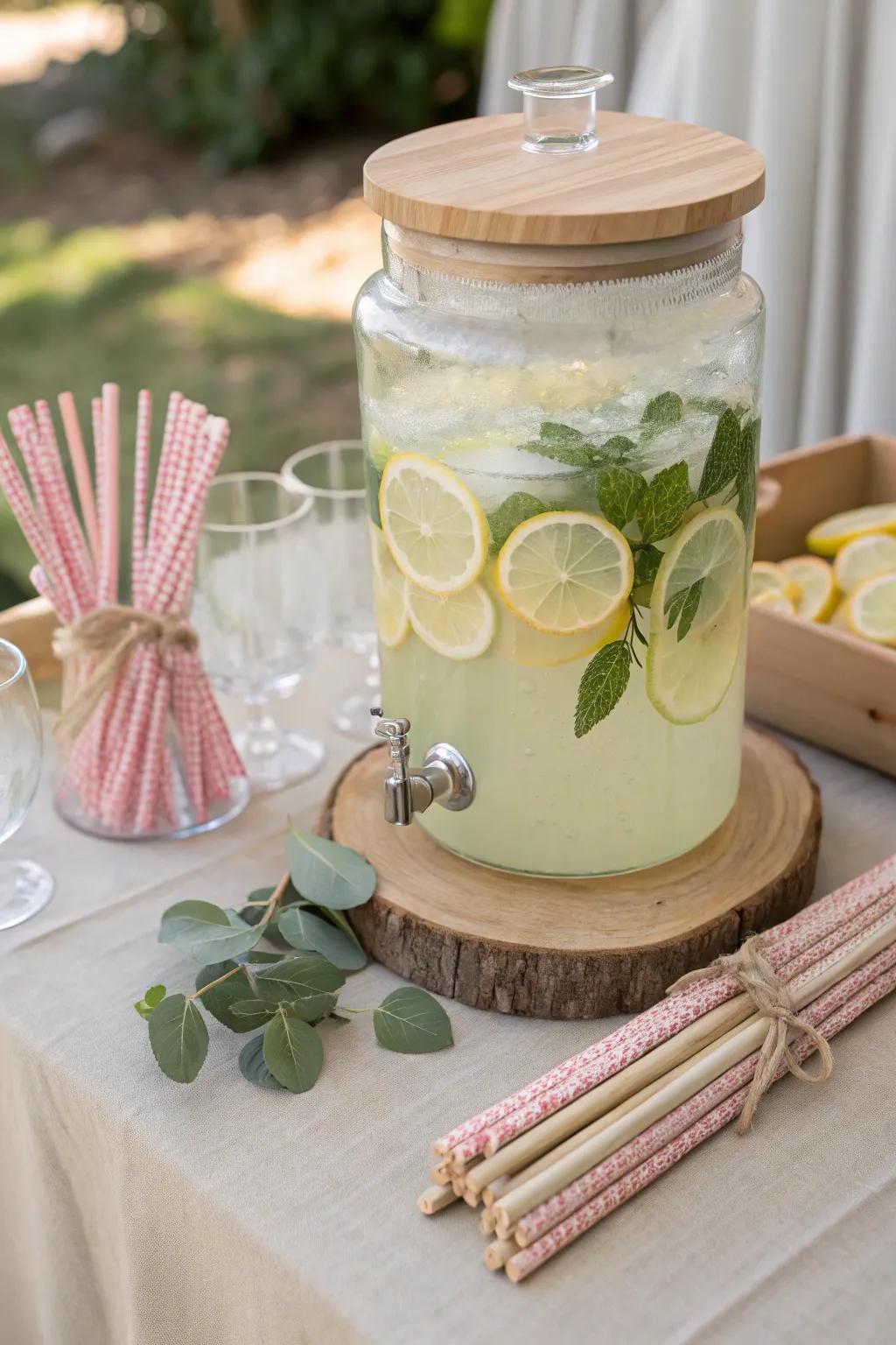 Elevate your baby shower using a captivating drink station—simplicity meets natural elegance!