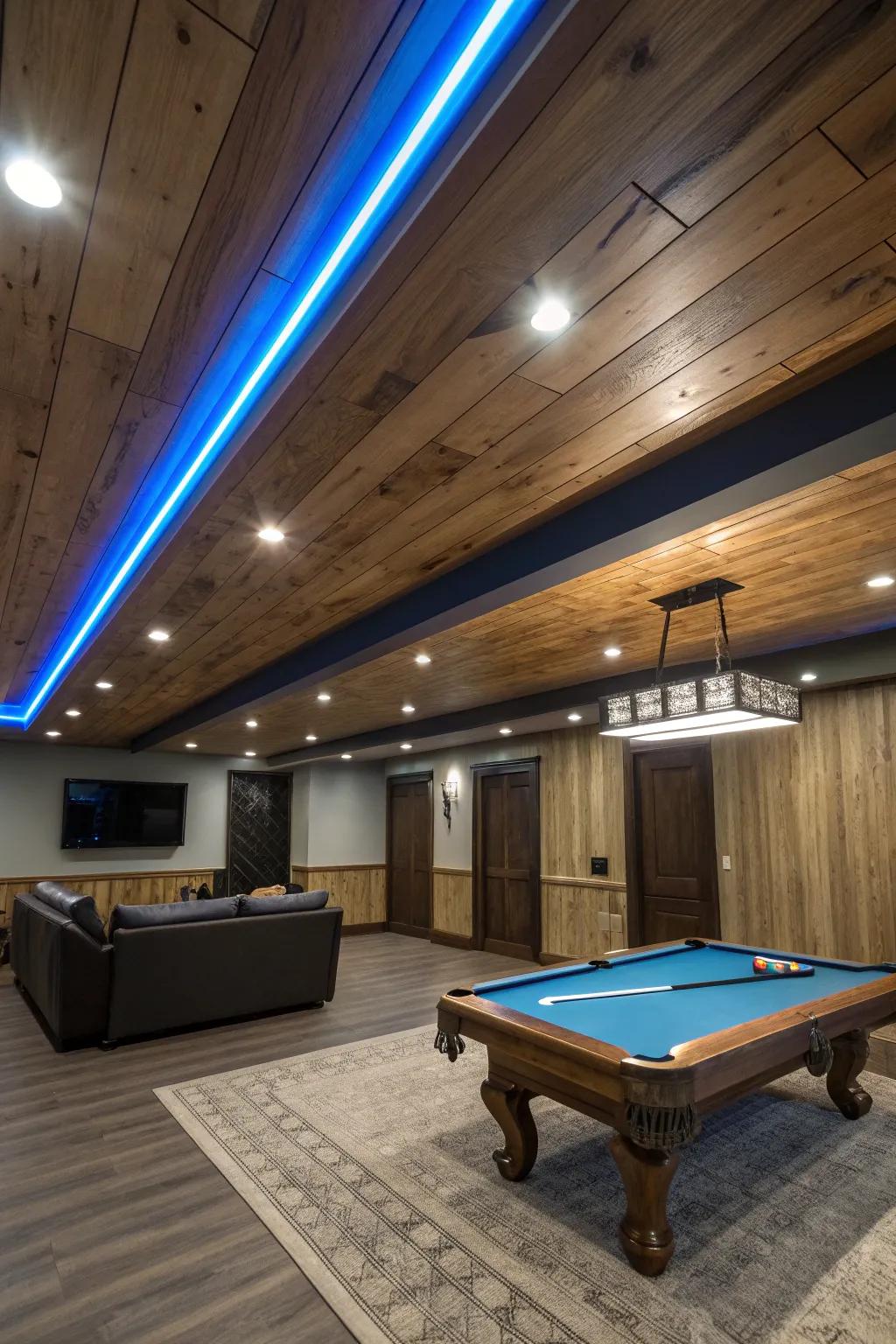 Transform your basement with the versatile radiance of hued LED strips, ideal for every occasion.