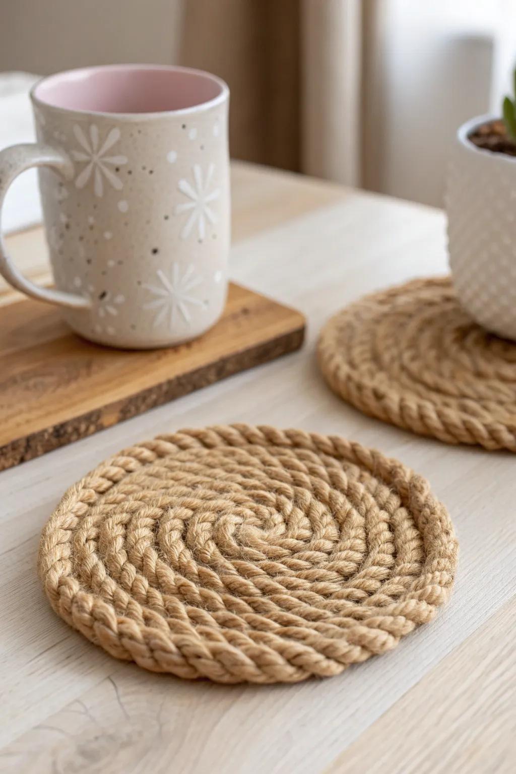 Add a touch of countryside charm to your home with handcrafted hemp coasters. Perfect for a farmhouse feel!