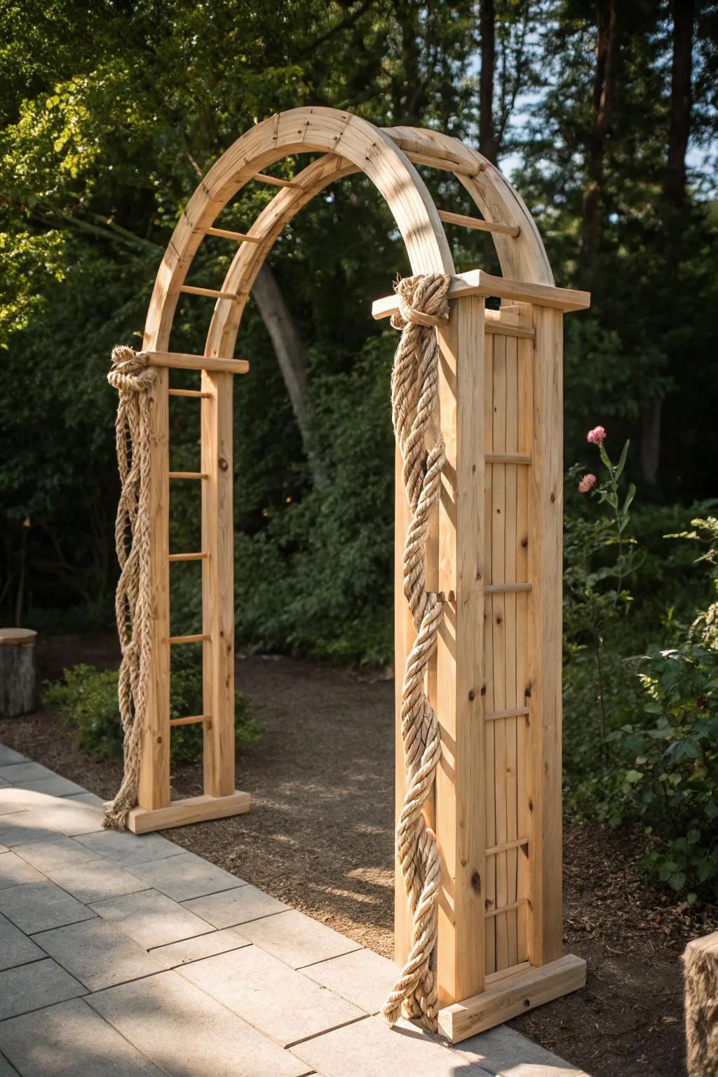 Embrace rustic elegance with a cedar and cord garden arch, where simplicity merges with organic beauty. 🌿✨