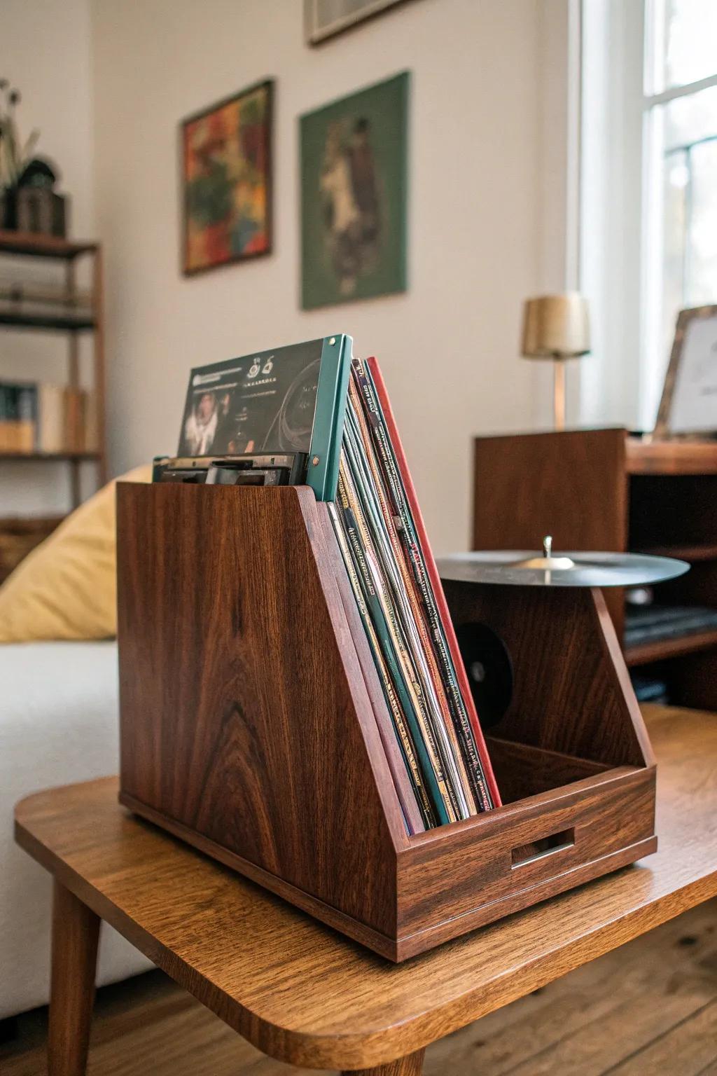 Intensify your abode through an artisanal vinyl disk repository that melds retro allure with contemporary artistry.