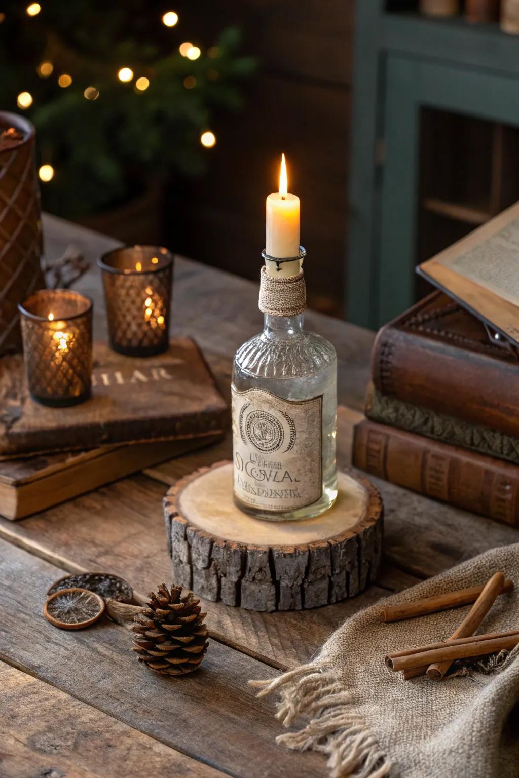 Elevate your ambiance through this do-it-yourself receptacle for illumination crafted from a miniature spirit bottle, where artistry intertwines with ingenuity.
