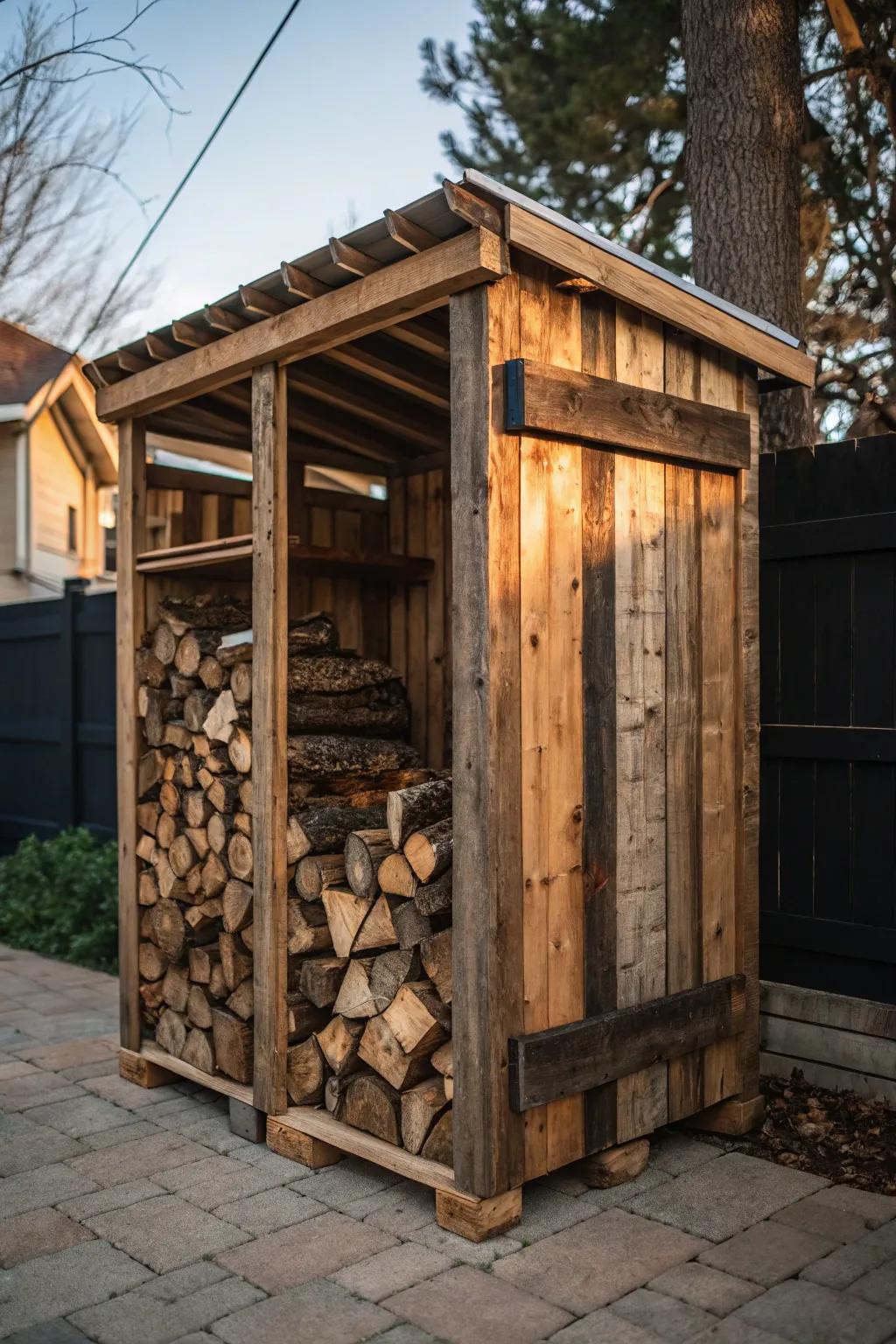 Craft your own sheltered firewood rack with rustic pallet elegance.