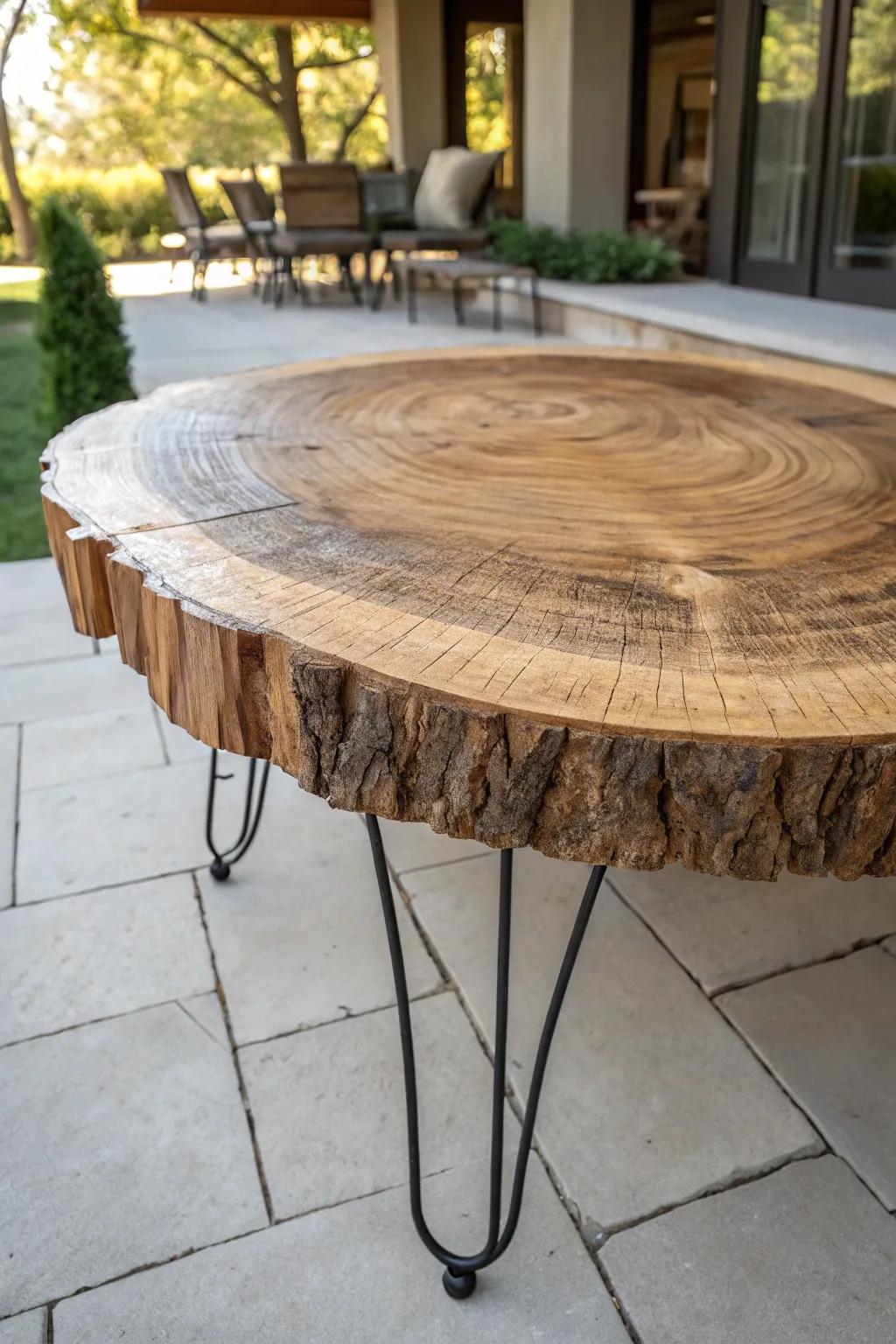 Elevate your patio with the countryside charm of a handcrafted timber disk table.