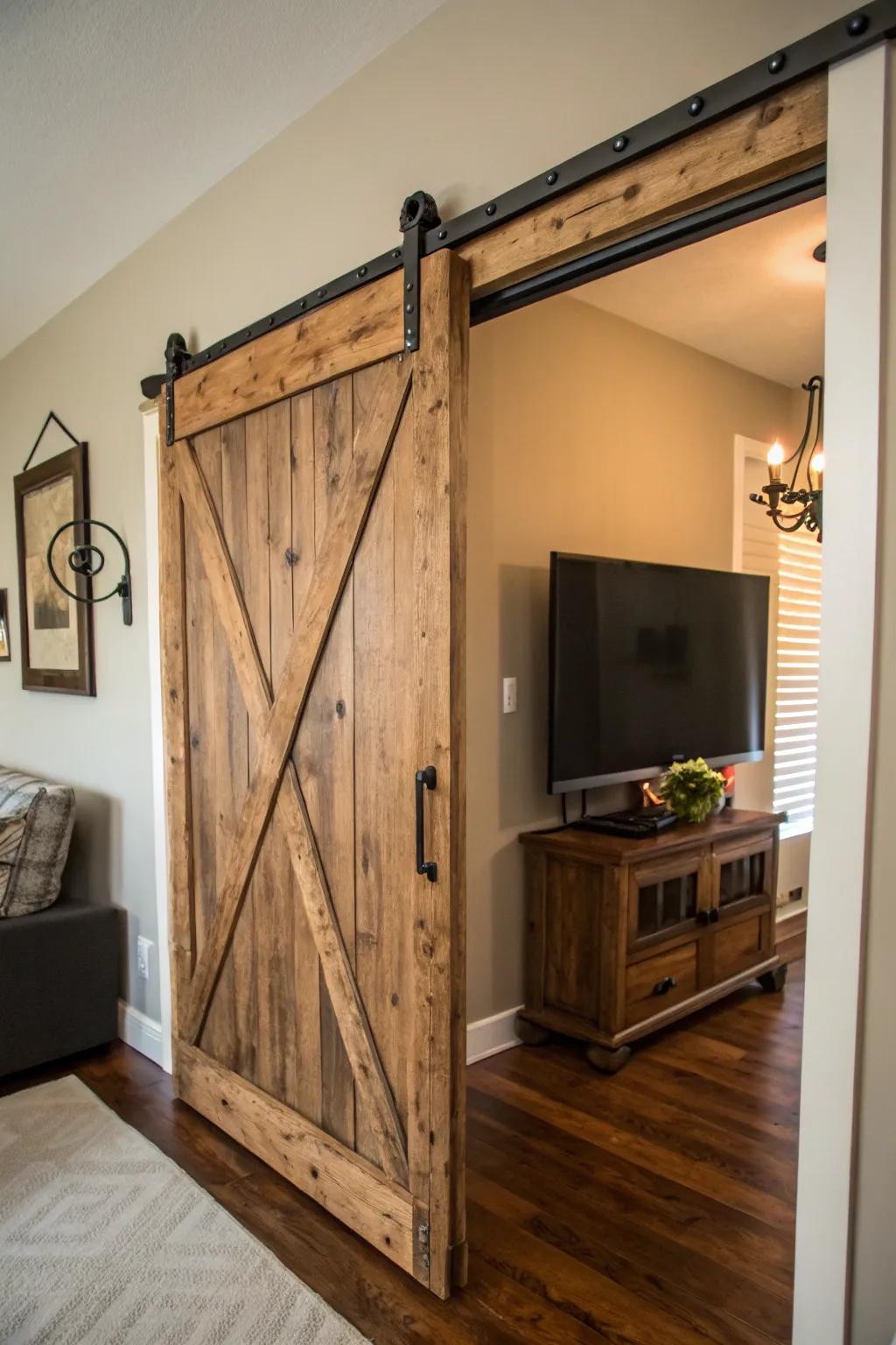 Transform your living room with a rustic sliding barn door TV cover.