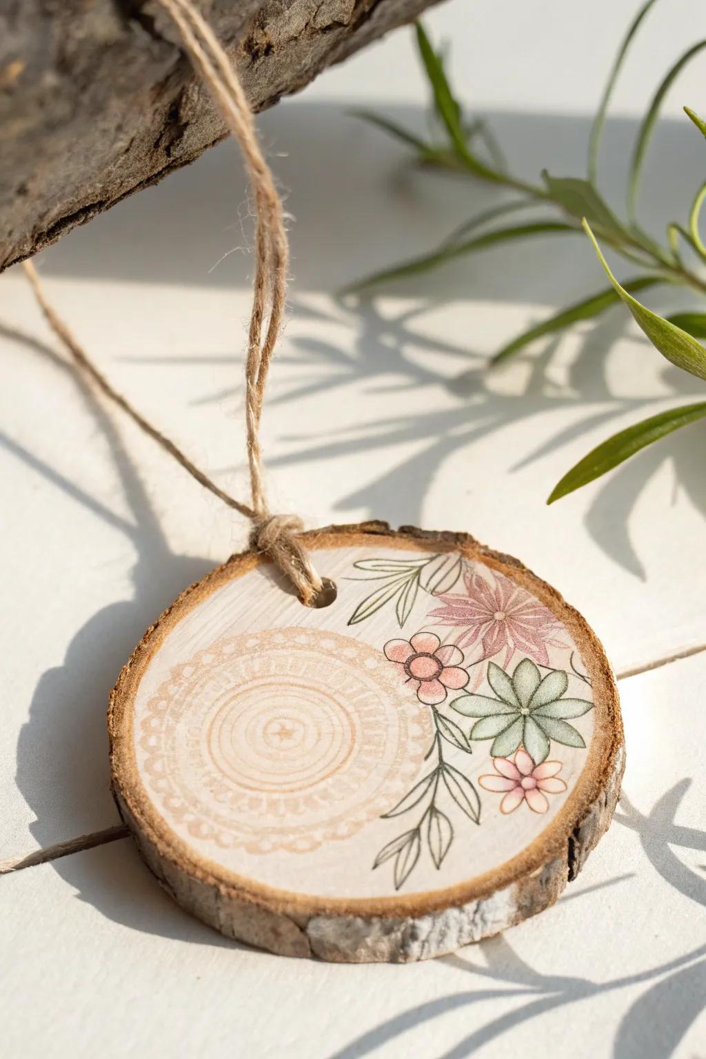 Transform wood rounds into stunning textile decoupage ornaments with a touch of minimalist elegance.