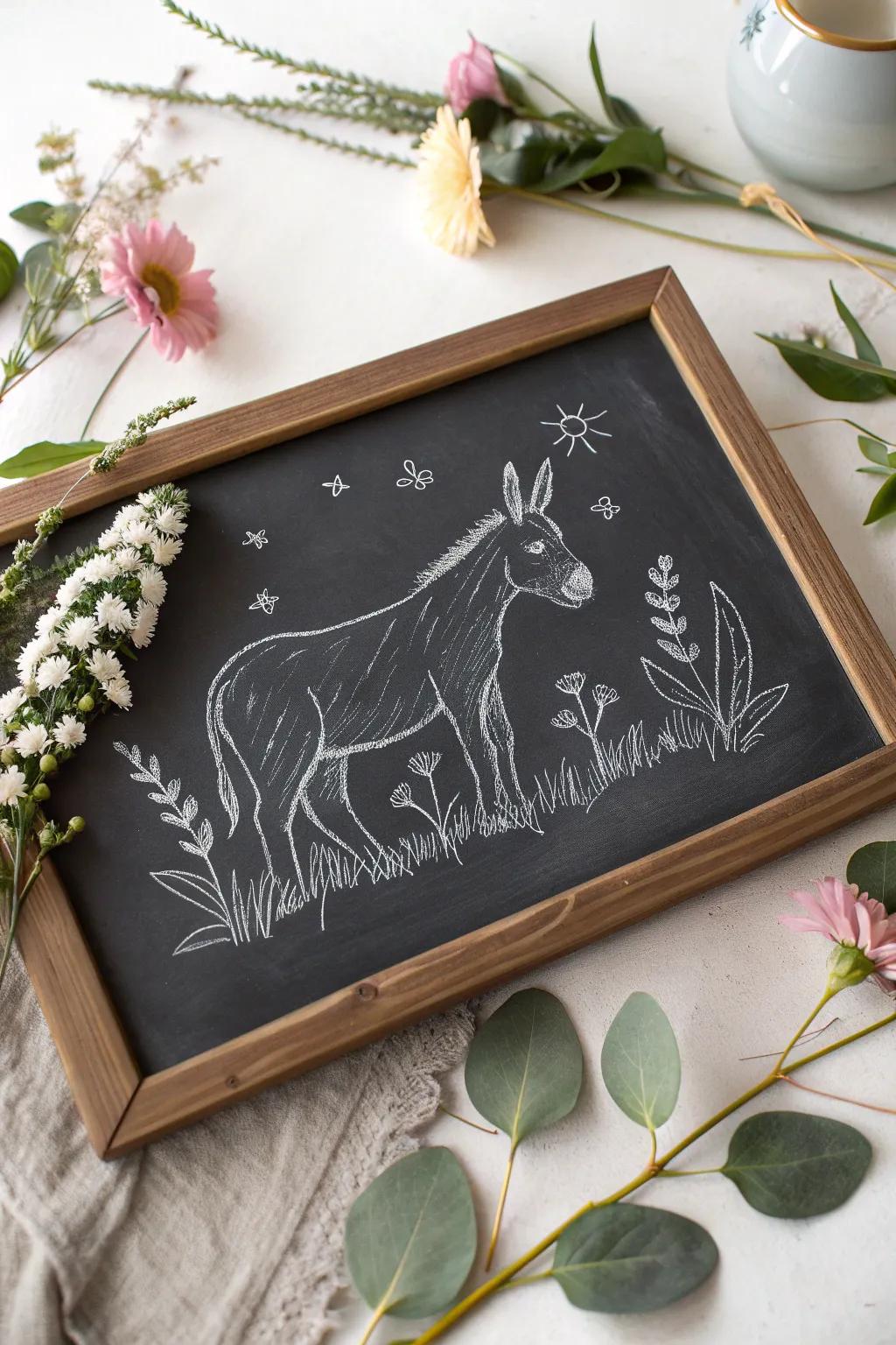 Encapsulate the allure of unpretentiousness with a delightful donkey chalkboard artistry that imparts a hint of whimsy to your decor.