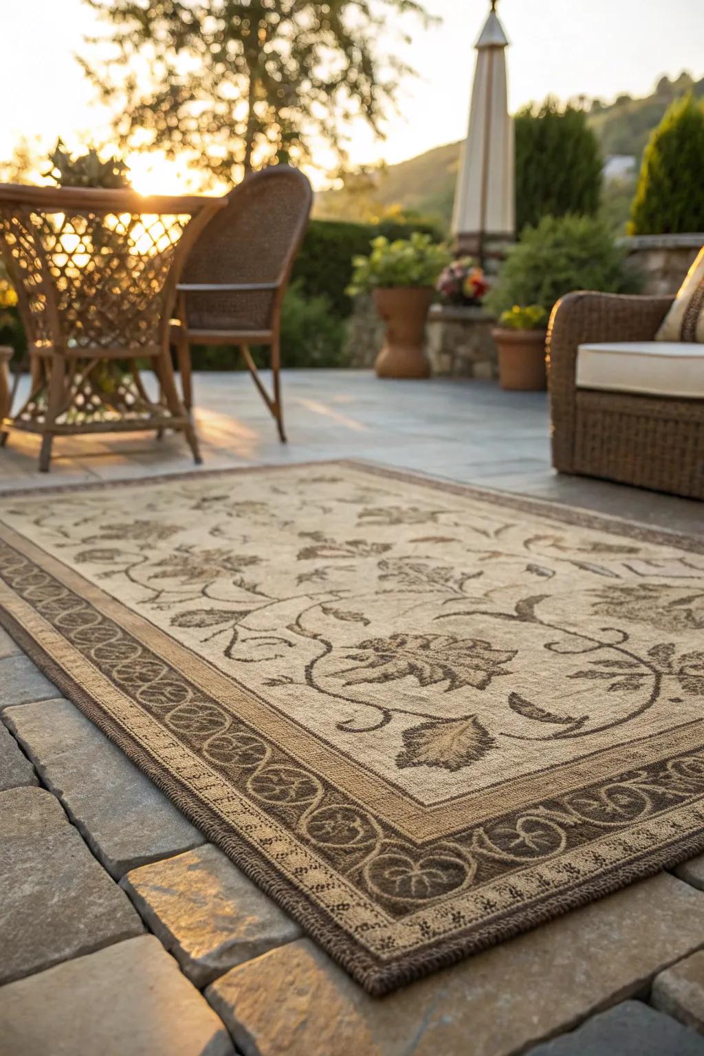 Transform your patio into a cozy haven with a beautifully crafted outdoor rug. #Craftsmanship #PatioPerfection