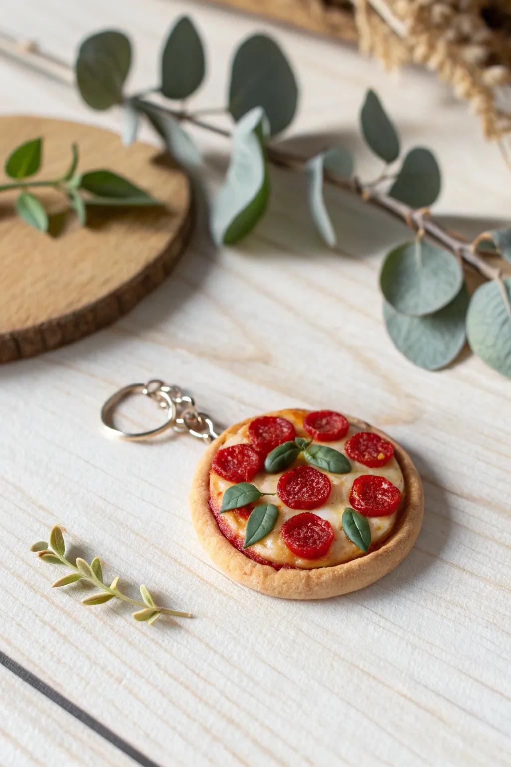 Tiny delights: Handcrafted miniature pizza embellishment—a harmonious mix of simplicity and charm.