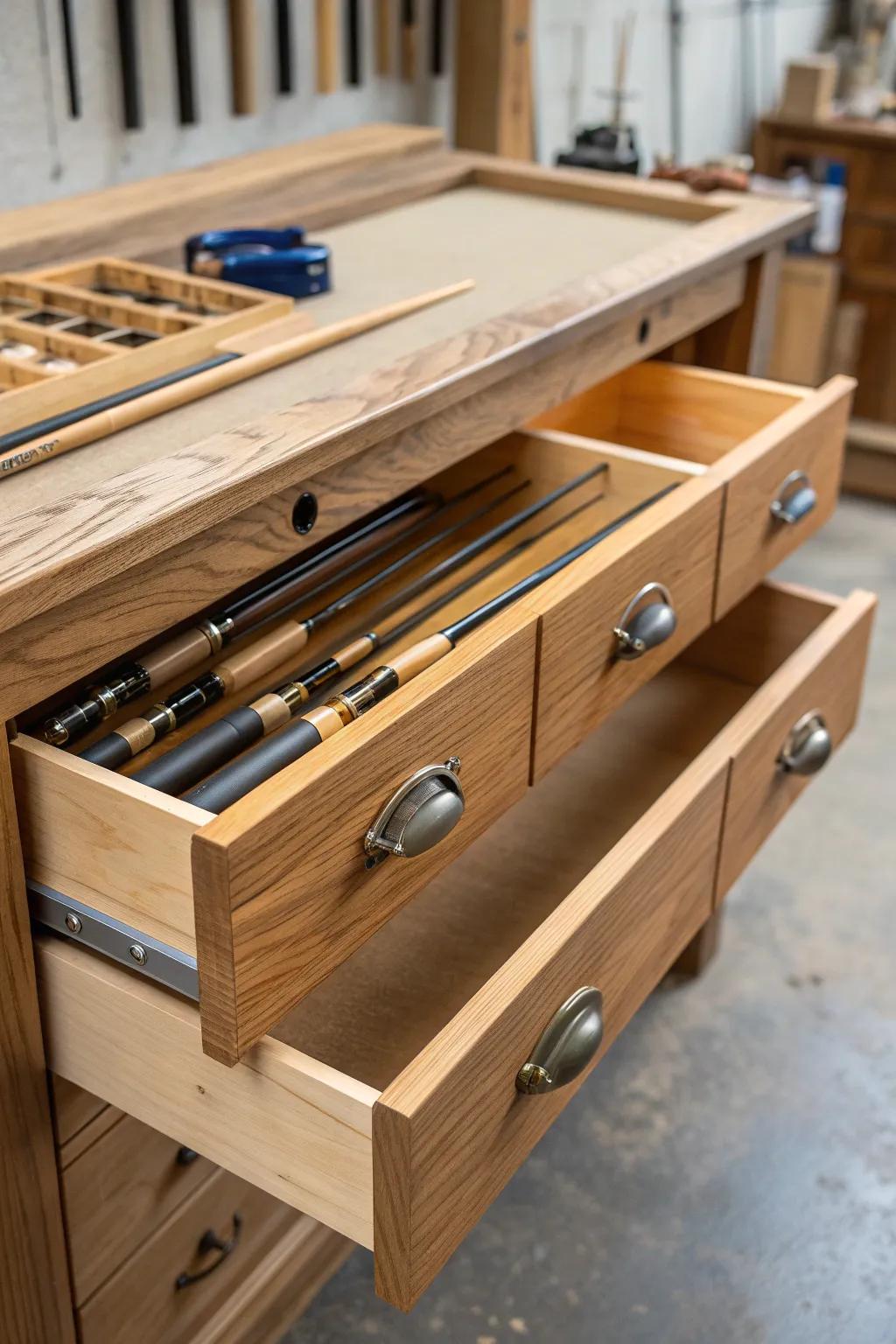Elevate your workshop through this sophisticated sliding drawer storage solution tailored for fishing poles—where craftsmanship harmonizes with utility.