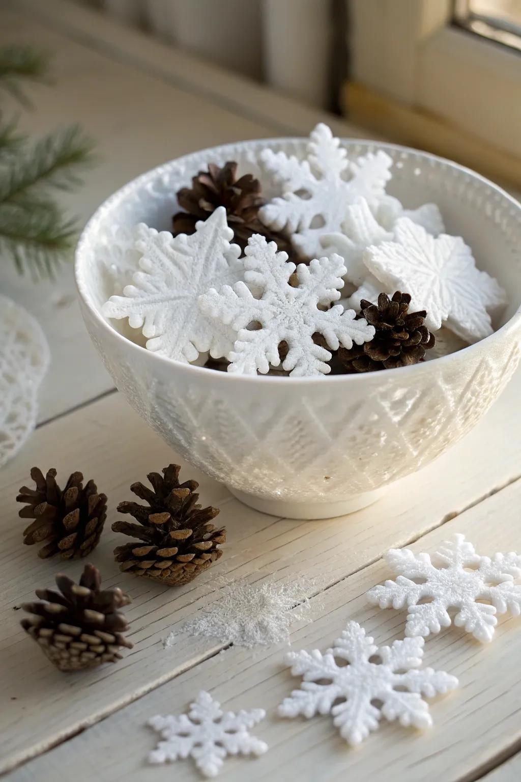 Embrace minimalist refinement with this self-made snowflake basin centerpiece, flawless for incorporating a hint of winter charm to your abode.