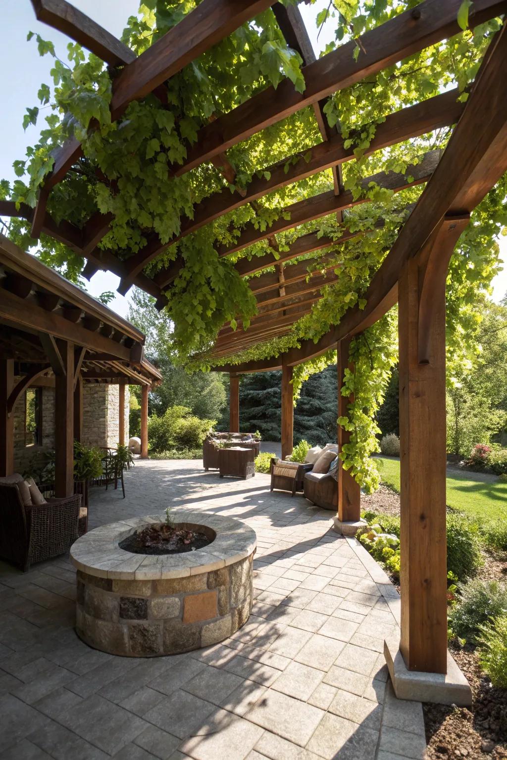 Transform your front garden with a pergola-shaded hearth oasis—where artistry harmonizes with nature.