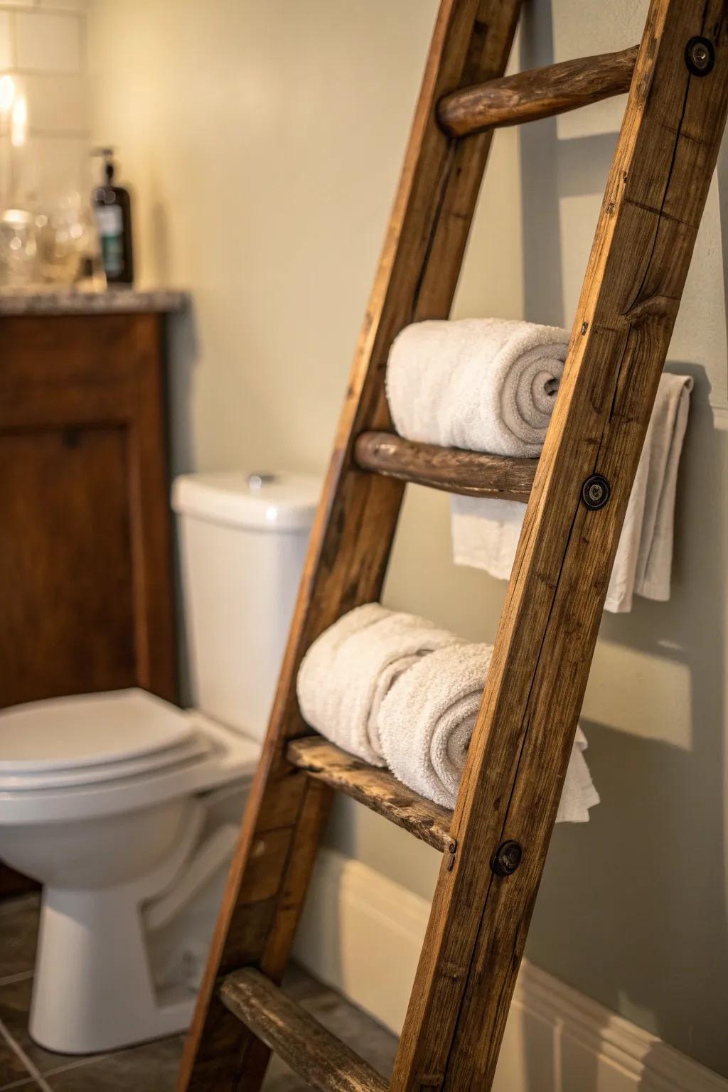 Elevate your lavatory style with a vintage ladder that incorporates countryside charm and practical elegance.
