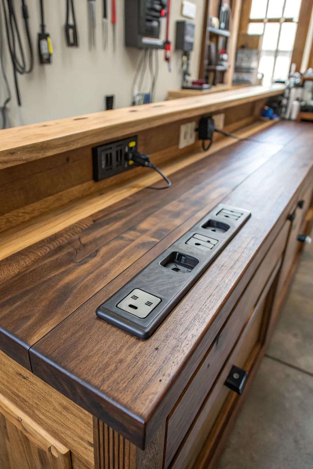 Streamline your workspace with a sleek built-in power strip—where elegance meets functionality.