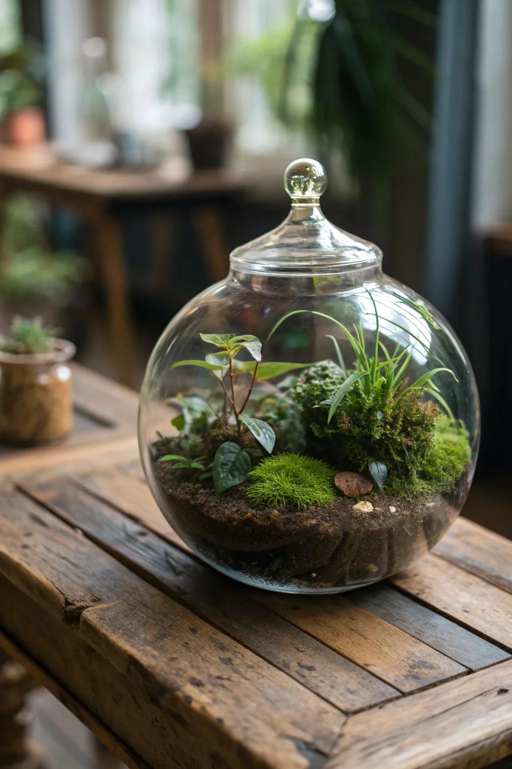 Artistry encounters nature: A stunning glass terrarium for your indoor garden.