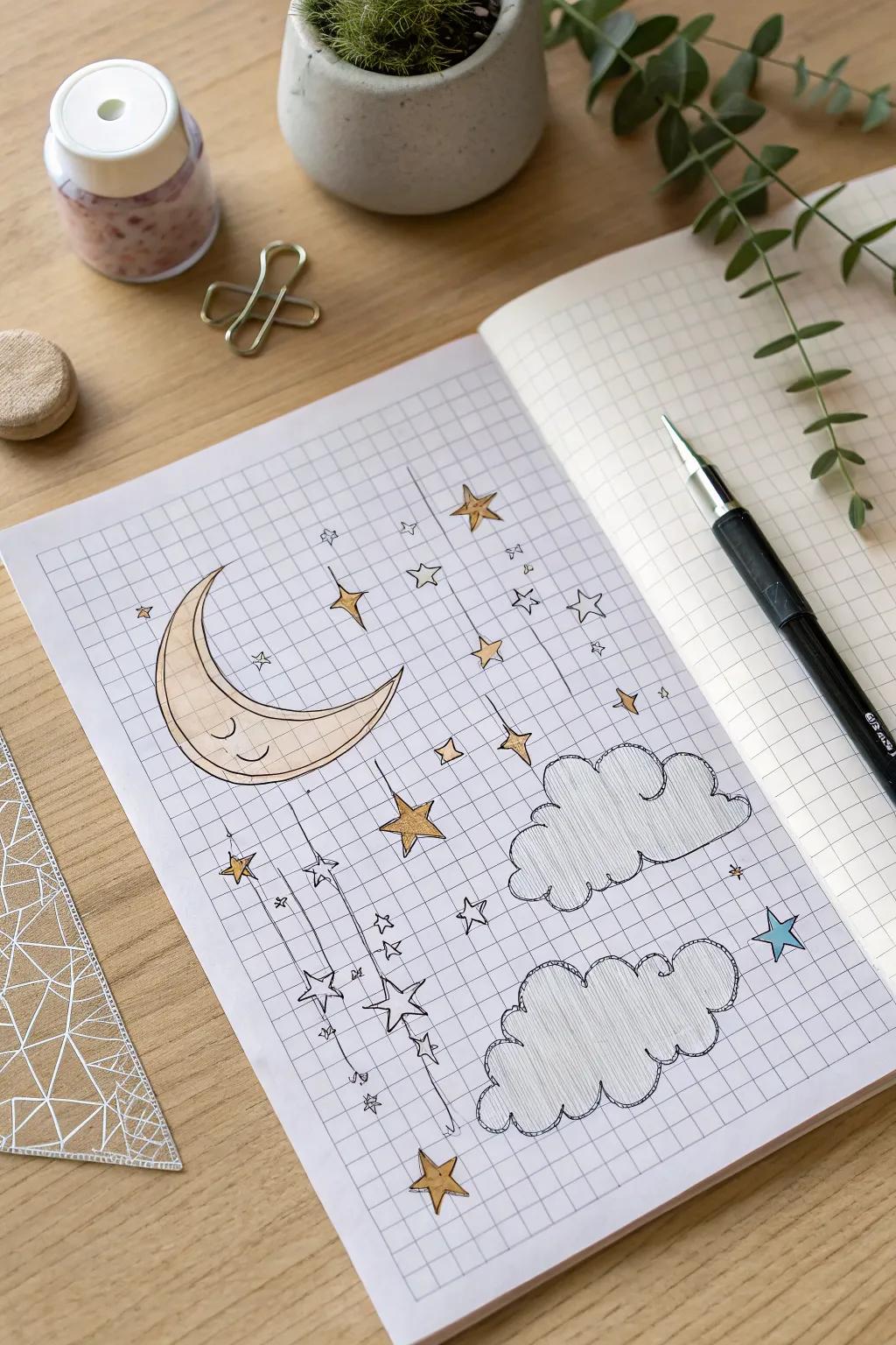Discover the magic in the details with this whimsical graph paper night sky. Perfectly capturing simplicity and creativity.