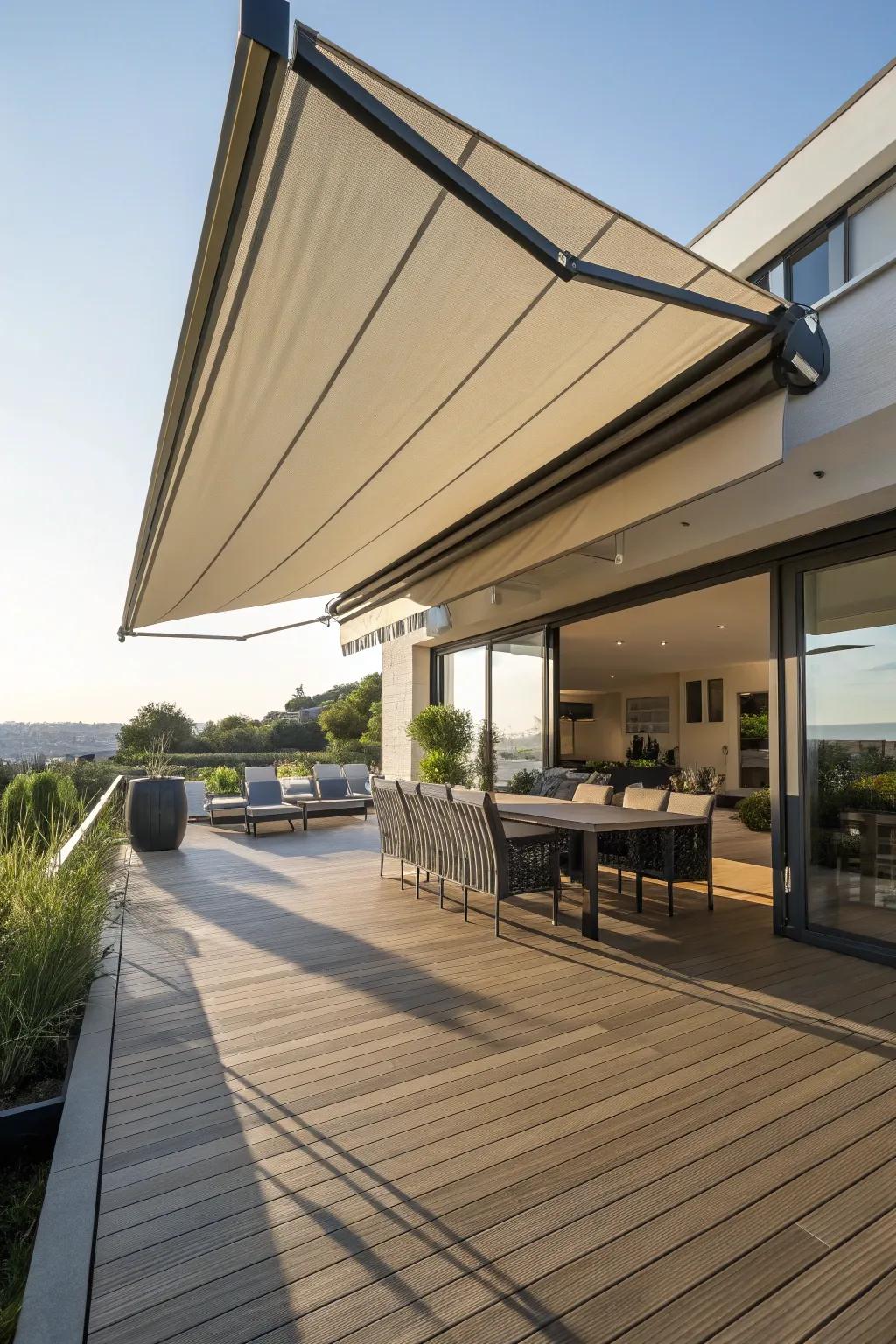 Elevate Your Deck Venture Through a Sleek, Retractable Awning—Where Artistry Intersects Comfort.
