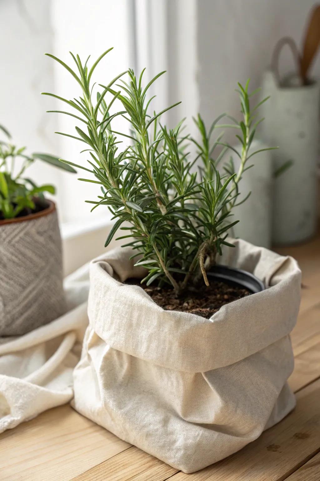 Embrace the beauty of nature with rosemary thriving in a chic, handcrafted fabric pot. Perfect for those who love minimalist elegance with a Boho twist.
