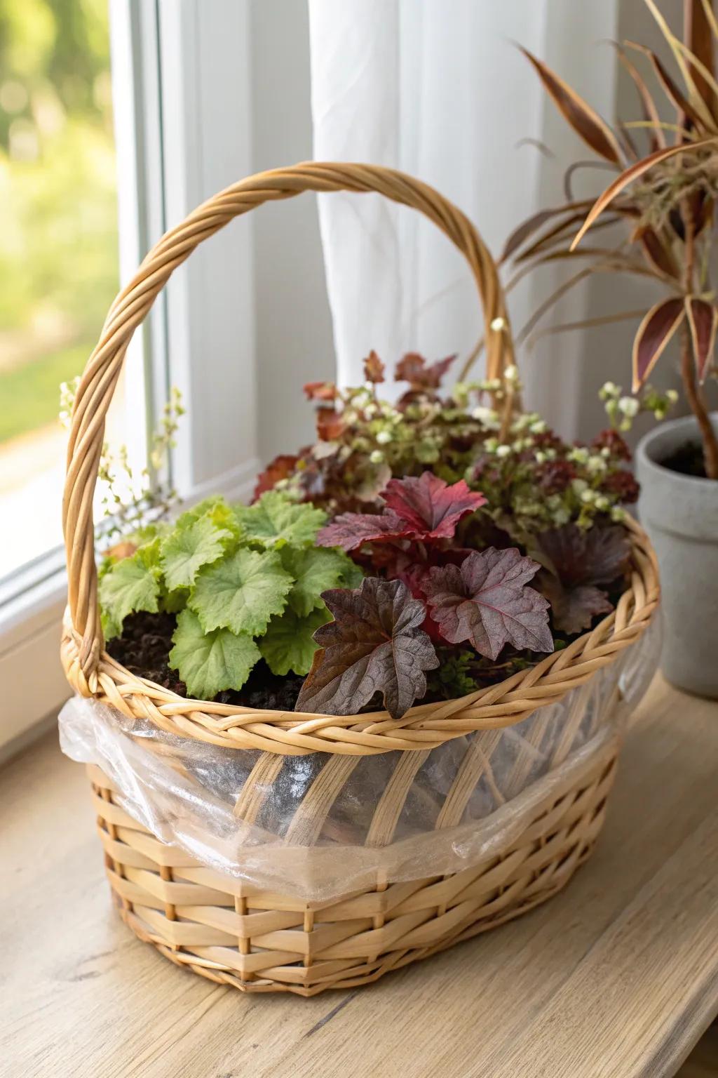Enhance your setting with a dash of nature's charm: Heuchera gracefully housed in a braided basket.
