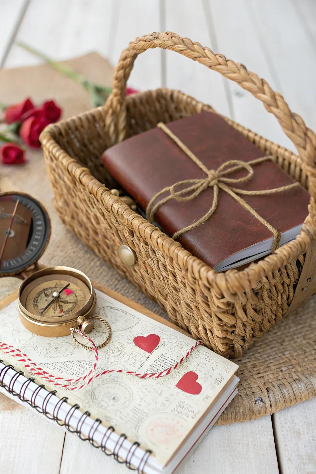 Spark his wanderlust this Valentine's with a handcrafted gift basket for the adventurous soul.