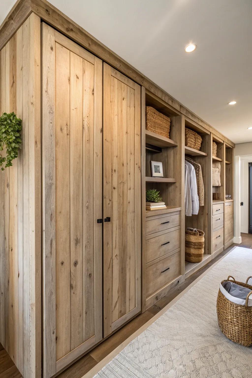 Embrace countryside elegance with recycled timber panels for a comfortable, nature-inspired closet makeover.