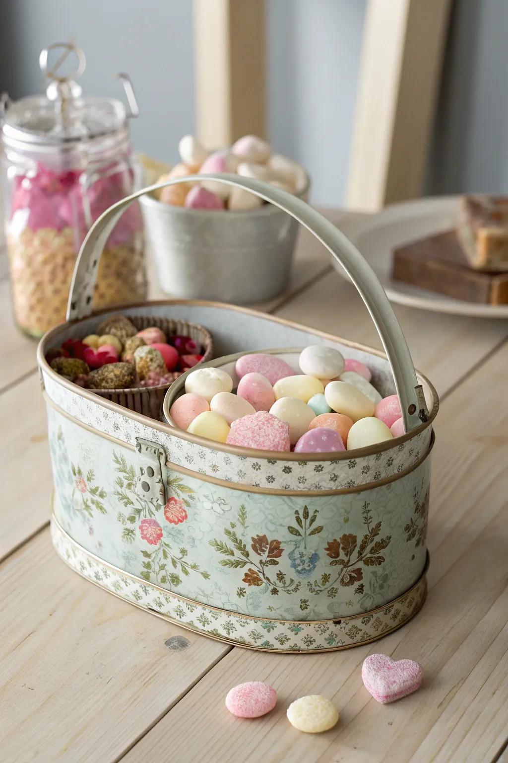 Transform a vintage tin into a charming Easter basket for timeless elegance and sweet nostalgia.