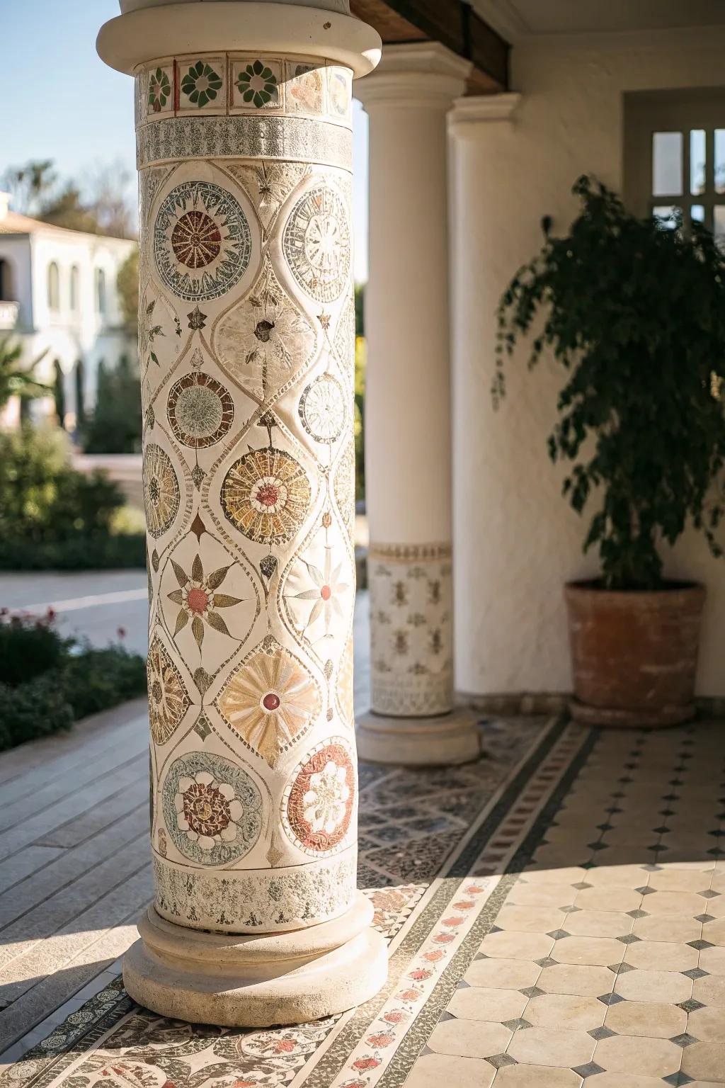 Transform your porch into an artistic masterpiece through mosaic tiling columns.
