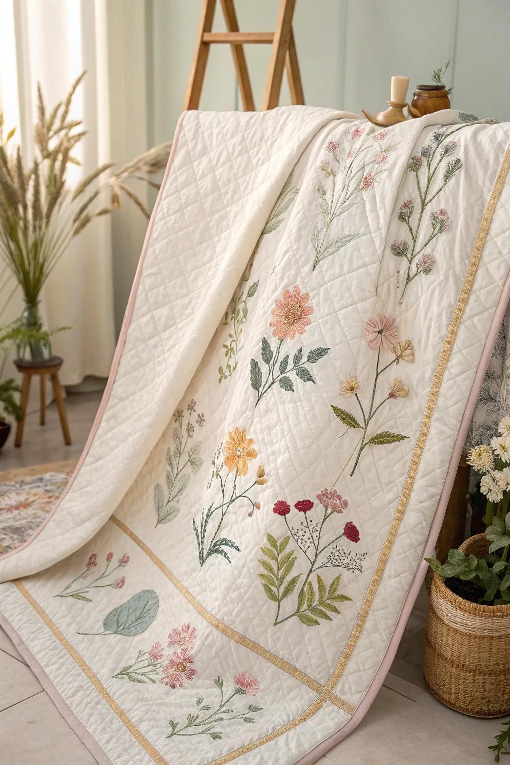 Embrace nature's elegance with floral sashing in your quilt ornamentation.